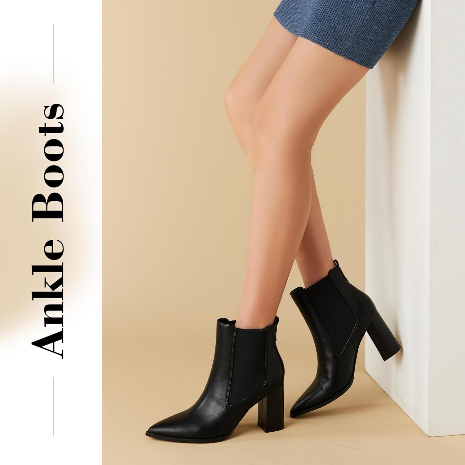 Putu Women's Pointed Toe Ankle Boots Chunky Heel Chelsea Boots Pull on Heeled Booties with Elastic Gore - Image 2