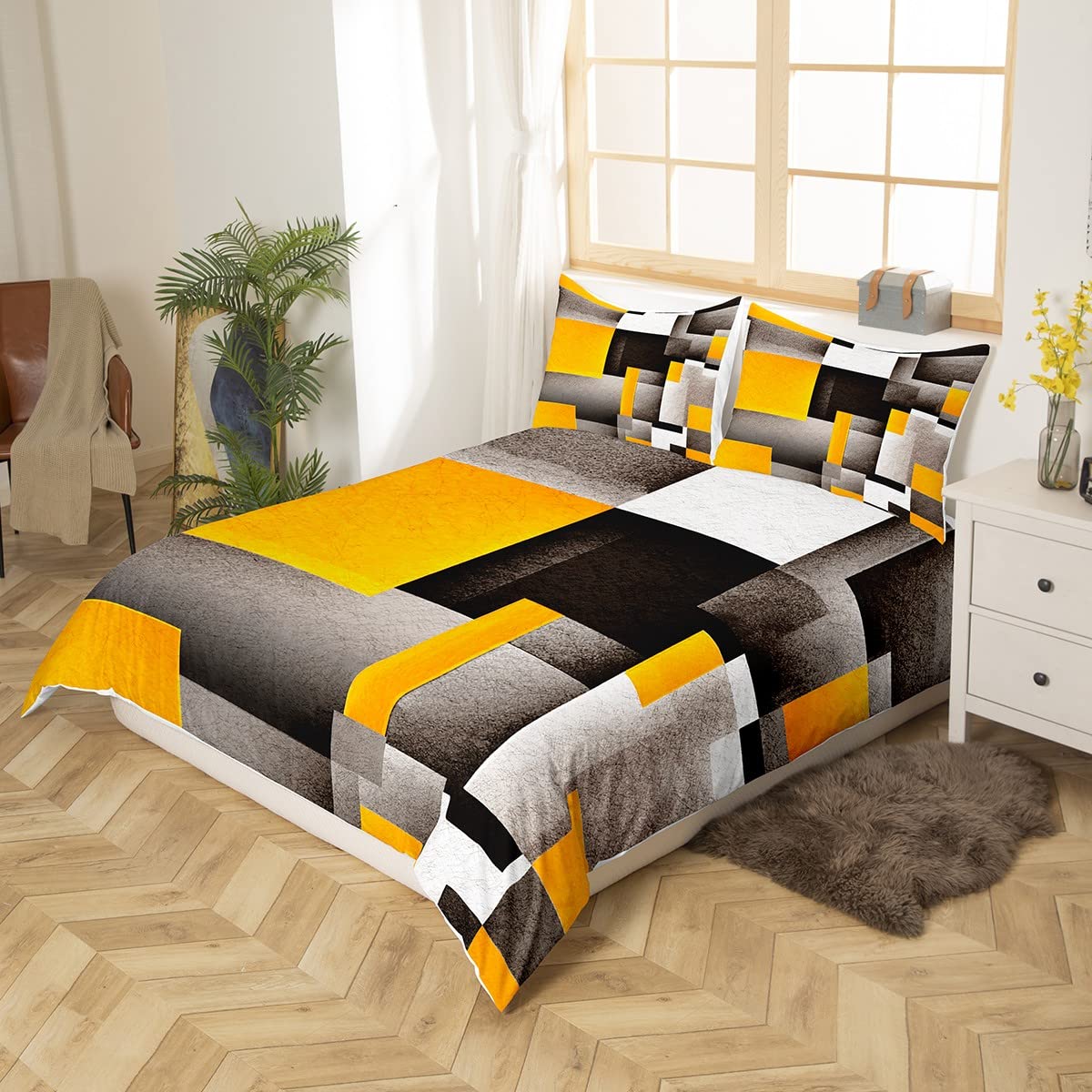 Yellow Grey Black Buffalo Check Bedding Set Single Size Kids Geometric Comforter Cover Set for Boys Duvet Cover Breathable Plaid Modern Abstract Art Bedspread Cover Room Decor Quilt Cover - Image 2