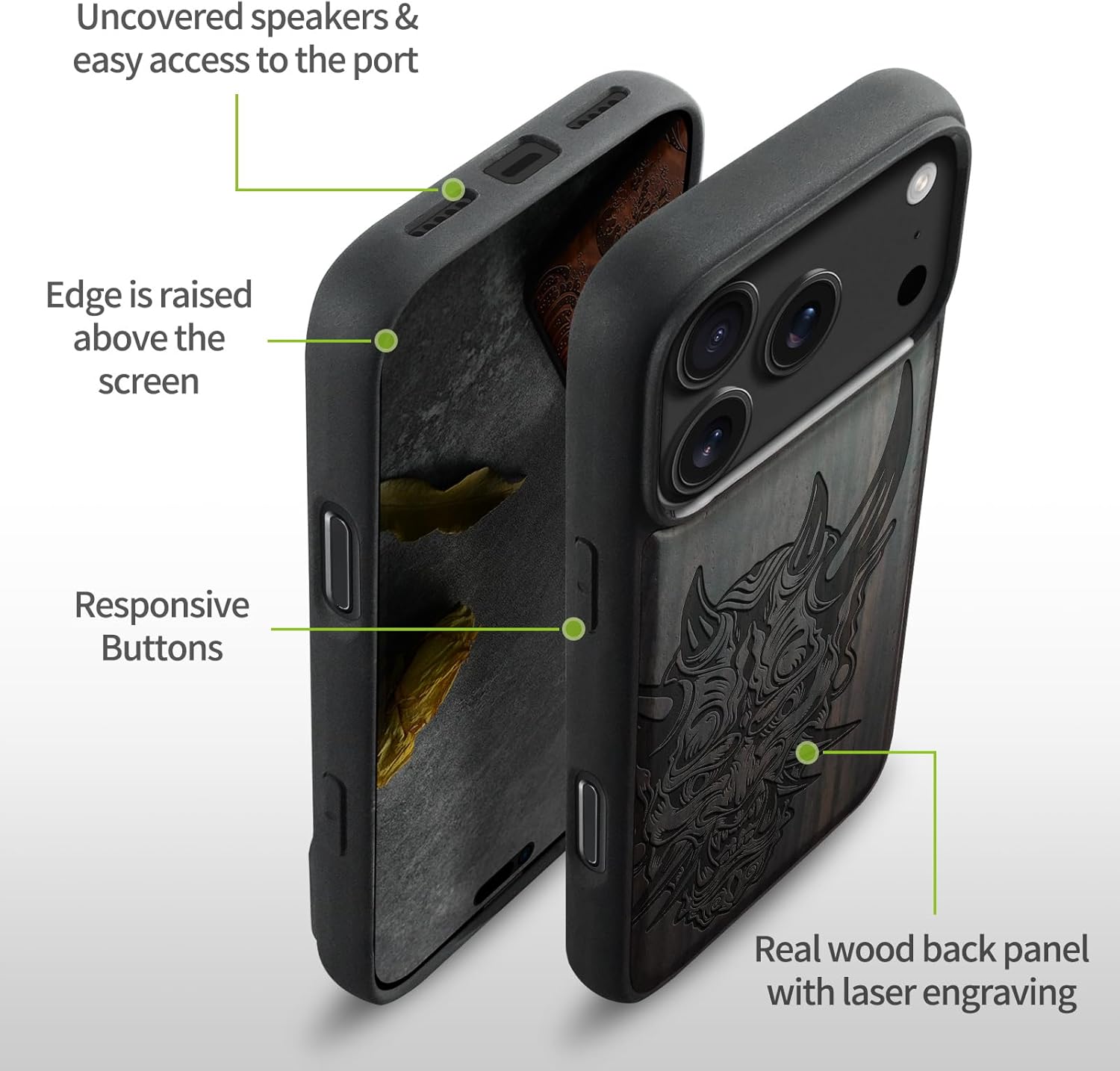 Carveit Magnetic Wooden Case for iPhone 17 Pro Max Case, Wood Artisan Engraved & Black Soft TPU Shockproof Cover, Compatible with MagSafe Wireless Chargers (Japanese Oni Mask) Blackwood