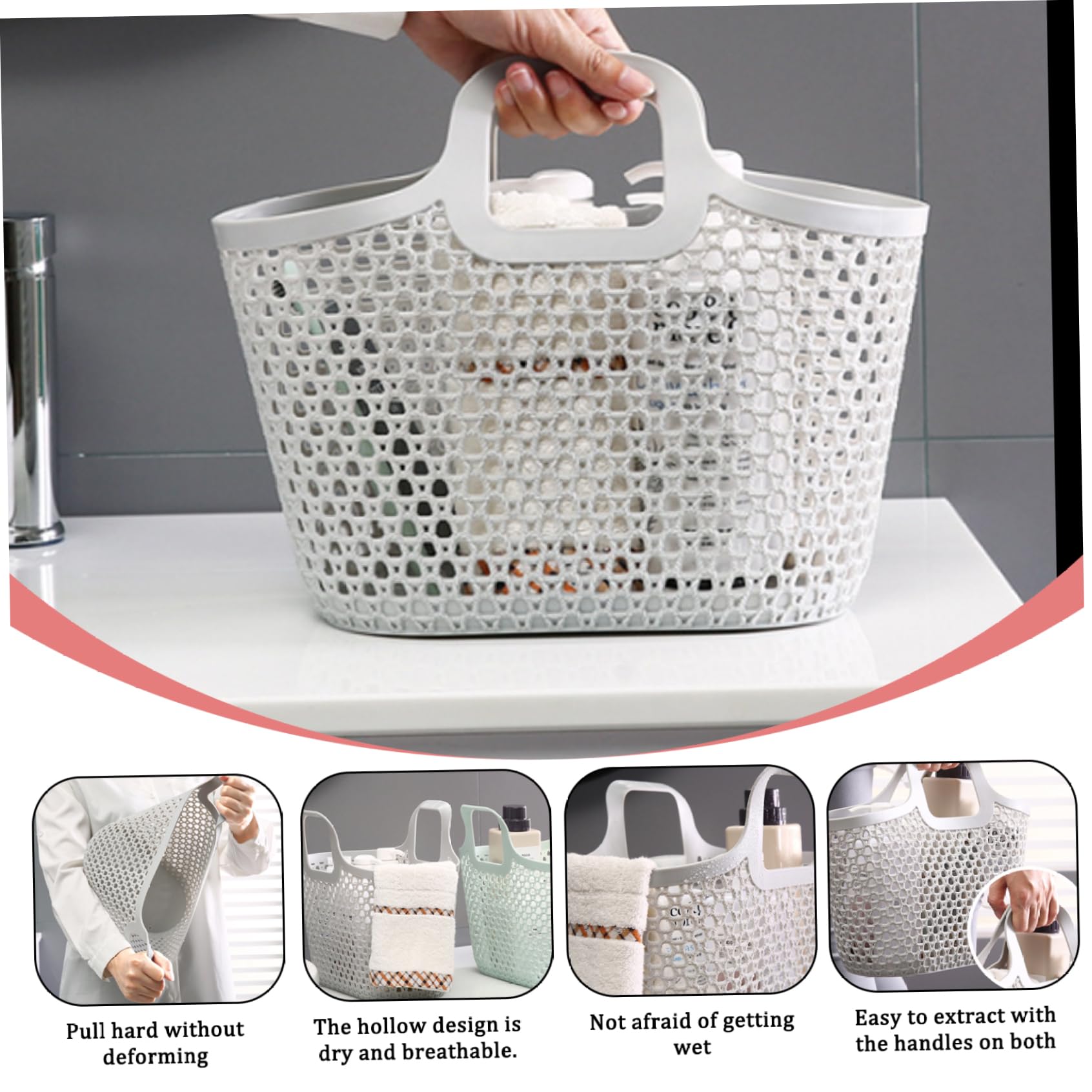 Cesta de ducha portátil, cesta de plástico hueca con doble asa, de ducha de gran capacidad para lavandería, baño, almacenamiento en dormitorio universitario y 1