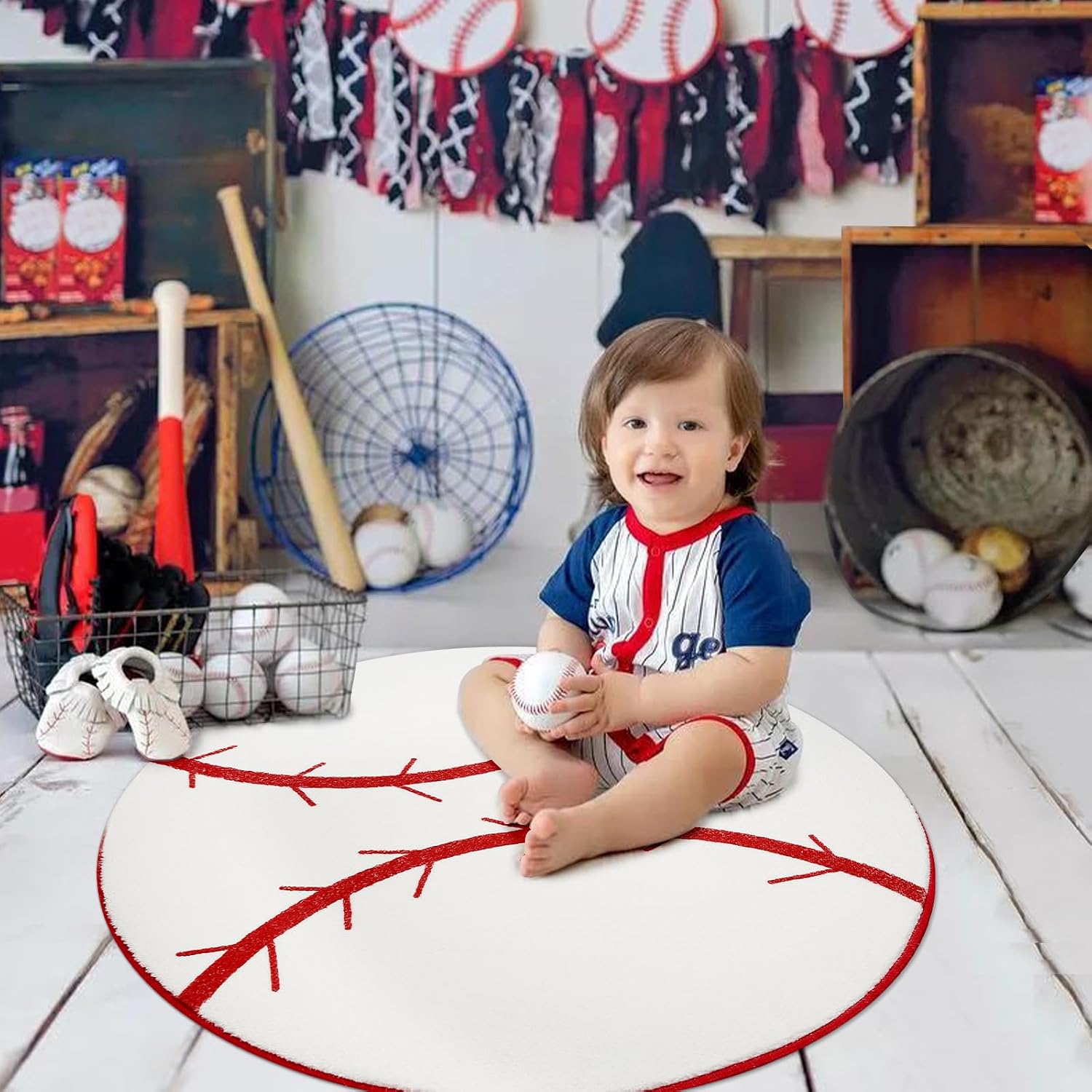 31 Inch Round Baseball Rug Sports Bathroom Mat for Boys Room Decor