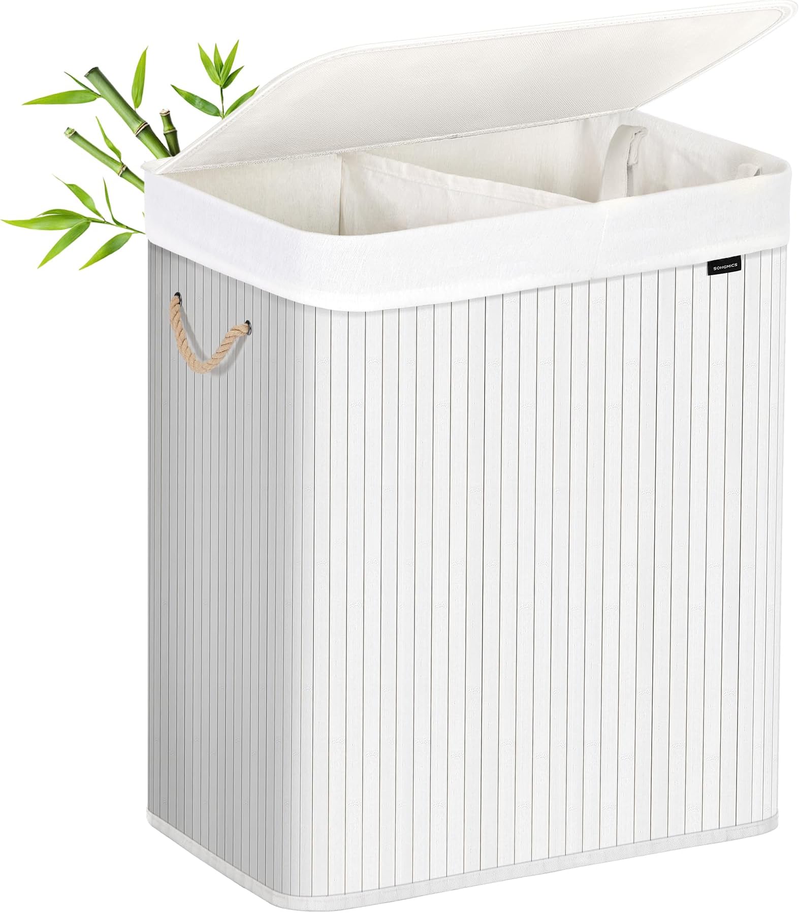 Laundry Basket with Lid - Bamboo Laundry Basket with 2 Sorting Compartments, Removable Bag, Cotton Handles - Volume 100L, for Laundry Room, Bedroom - White -LCB64WT