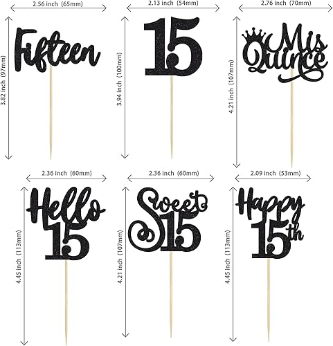 Miniatura 2 de 36 adornos negros para cupcakes de cumpleaños 15 Hello 15, decoración para cupcakes Sweet 15 Quince Happy 15th Cupcake Pick para cumpleaños de 15