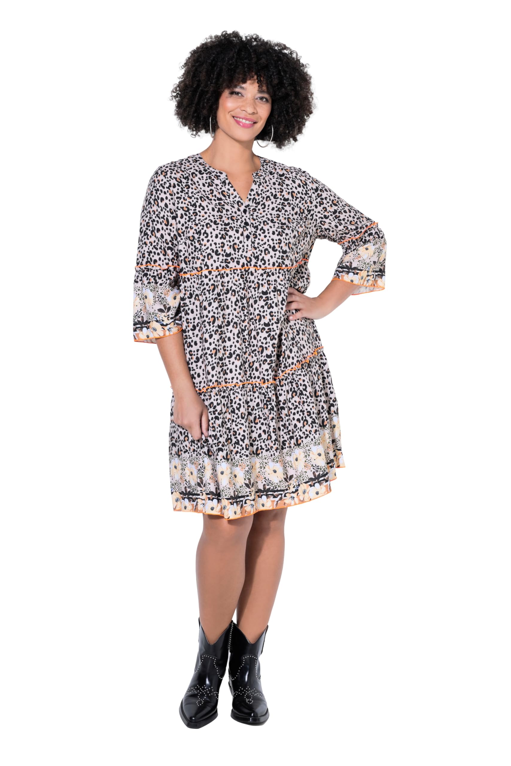 Angel of Style Damen große Größen Übergrößen Plus Size Kleid, A-Linie, Leomuster, farbige Zierrüschen, Volants 849253