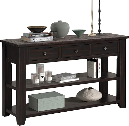 Miniatura 8 de Mesa consola de madera maciza de 48 pulgadas con 3 dawers de almacenamiento y 2 estantes para almacenamiento, entrada, pasillo, vestíbulo, sofá mesa
