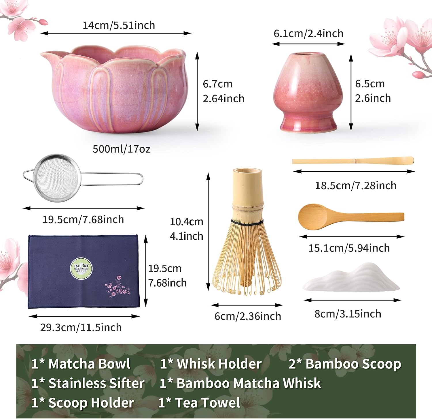 Matcha Whisk Set, Ceramic Matcha Set 8 Pcs, Matcha Kit Set Includes Matcha Bowl, Matcha Whisk and Holder, Bamboo Scoop and Rest, Sifter and Tea Towel, Ideal Gift for Family/Friend (Pink)