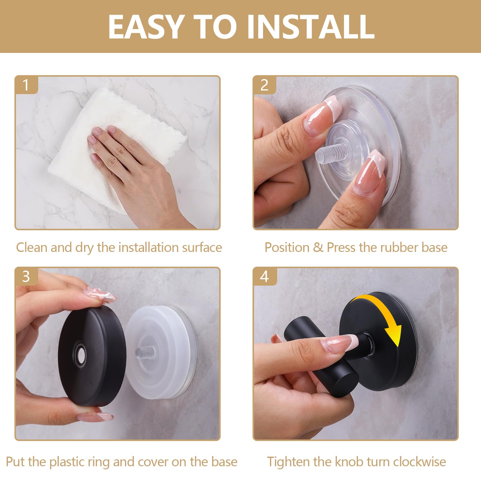 Gancho de toalla negro con ventosa para baño, gancho de pared extraíble para baño, dormitorio, cocina, hotel, piscina, negro mate (paquete de 4)