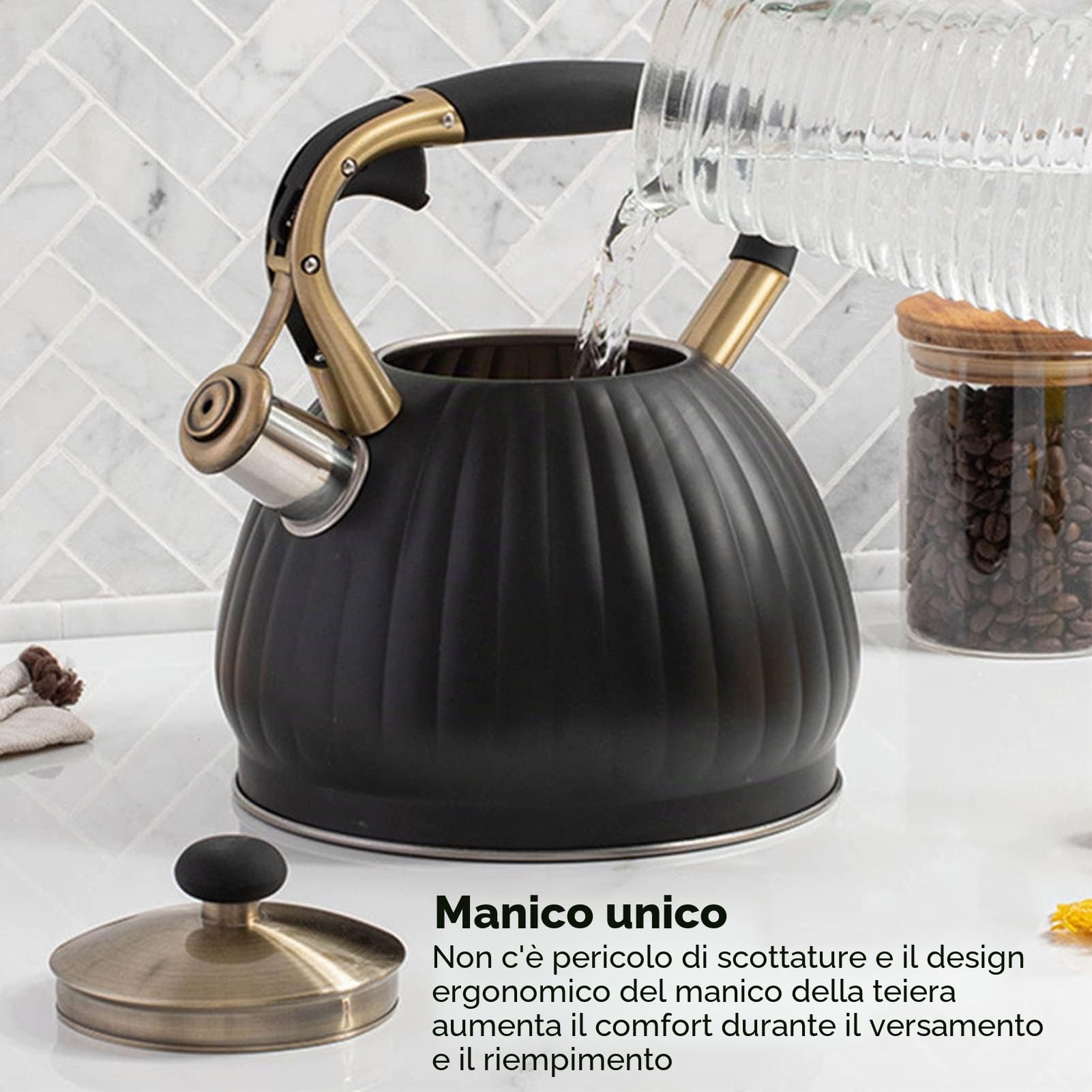 Bollitore per il tè con Fischio, Teiera con Fischio in Acciaio Inossidabile per Uso Alimentare di Grande capacità da 3,5 L con Manico Ergonomico Al Tocco Freddo per Piano Cottura