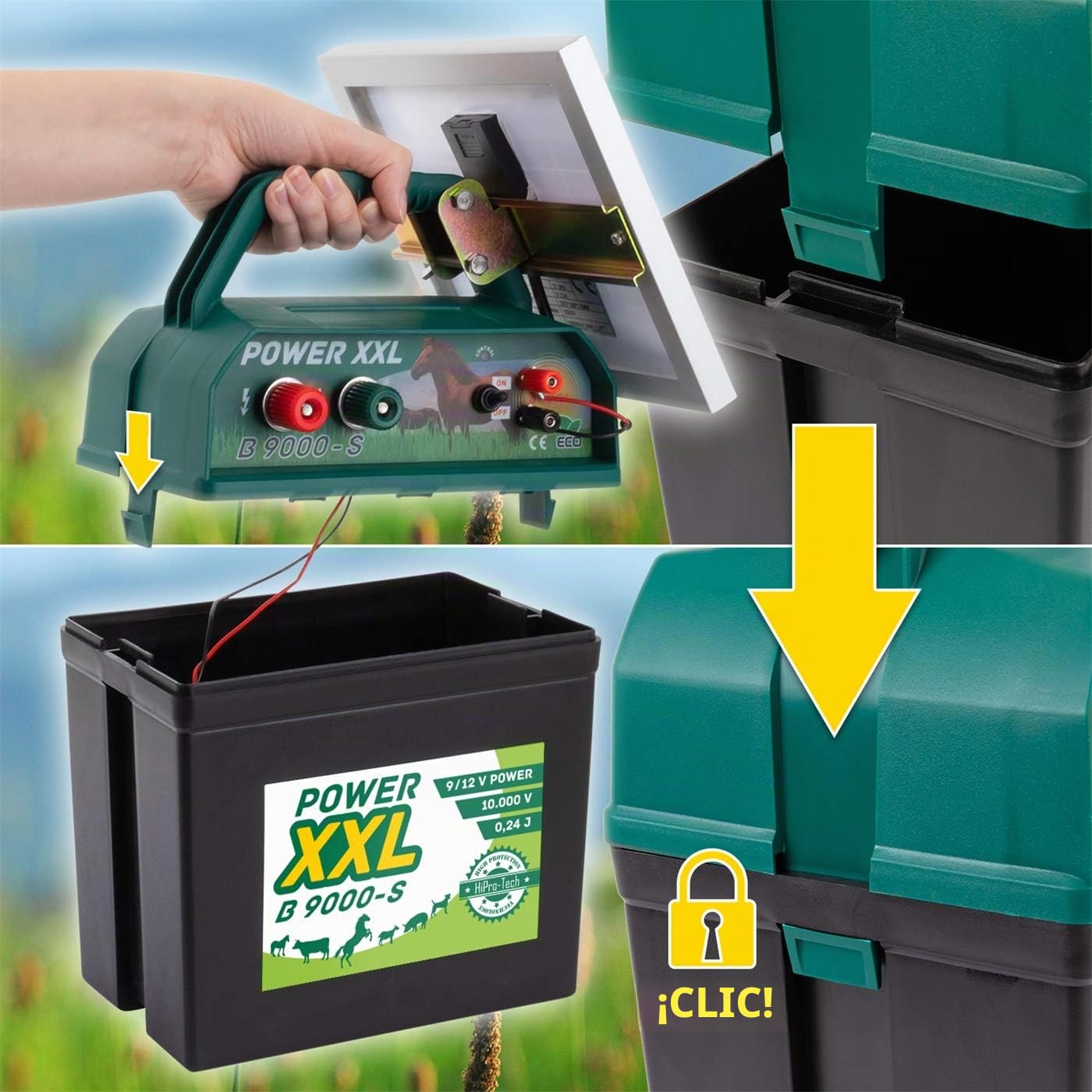 Pastor eléctrico Solar B 9.000-S, Incl. batería de 9 V, Pastor de 9 V/12 V, con Panel Solar de Alta eficiencia, para cercados de Caballos y Ponis