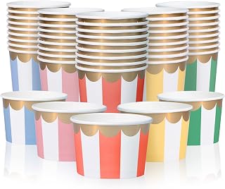 Paper Ice Cream Cups - 50-Count 9-Oz Disposable Dessert Bowls for Hot or Cold Food, 9-Ounce Party Supplies Treat Cups for Sundae, Frozen Yogurt, Soup, 5 Colors Pastel Stripes with Scalloped Gold Foil