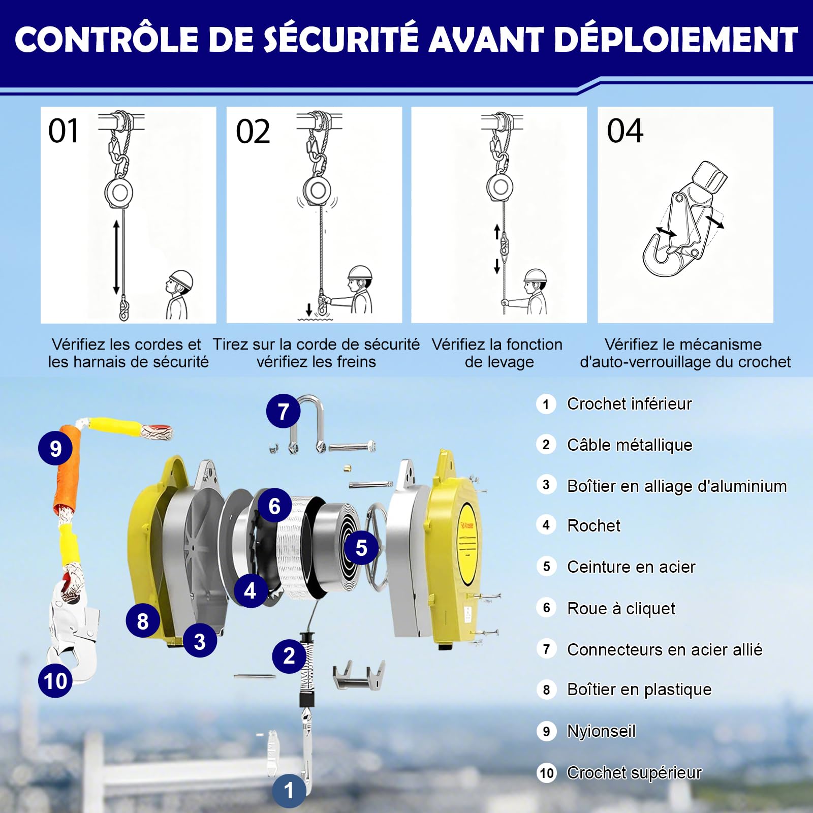 Dispositif Antichute à Rappel Automatique 10m 150kg (Jaune) | Harnais de Sécurité Anti Chute avec Crochet 360° , Dispositif Stop Chute Rétractable pour Travaux en Hauteur sur Toiture