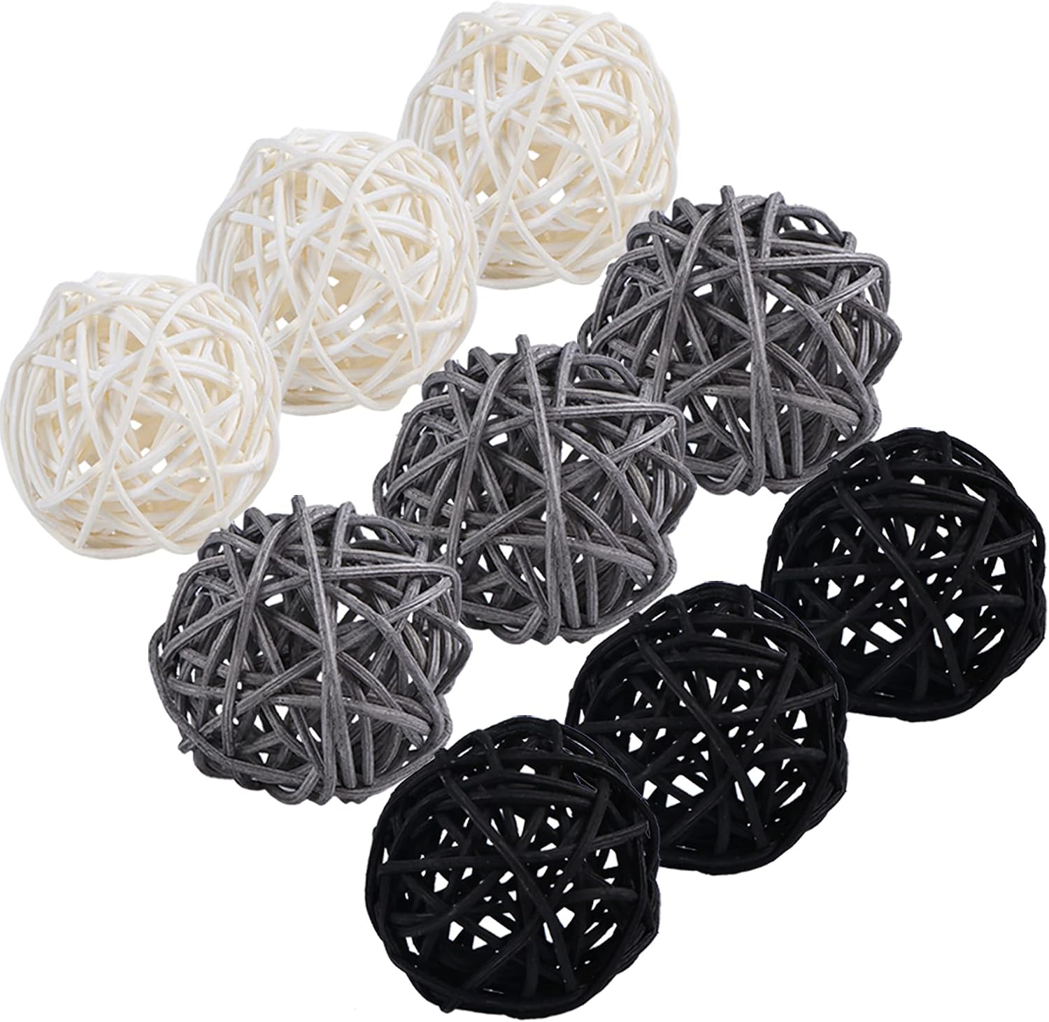 STMK 9 Pcs 3 Inch Wicker Balls Decorations, Rattan Balls Decorative for Home Decor DIY Vase Bowl Filler Ornament Baby Room Nursery Décor Wedding Table Decoration (Black, Grey, White)
