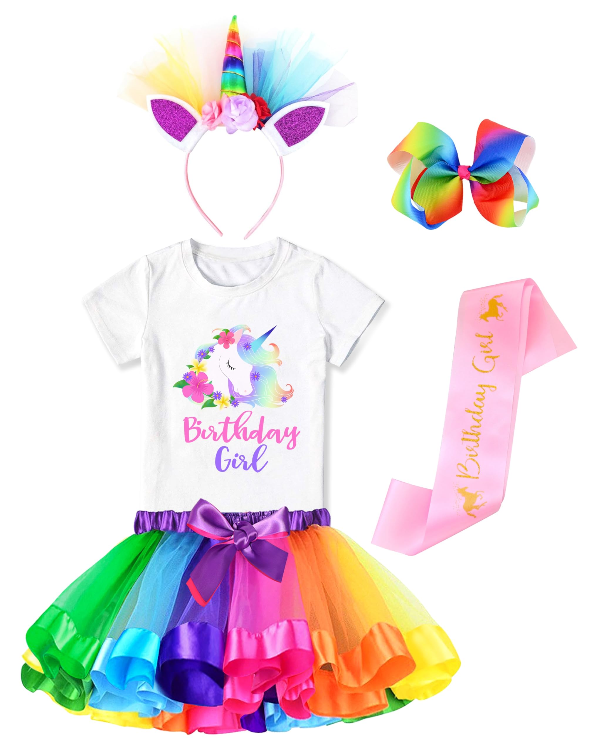 Doctor Unicorn Birthday Girls Unicorn Costume Outfit Rainbow Tutu, Unicorn T-shirt, Satin Sash, Hair Bow & Headband