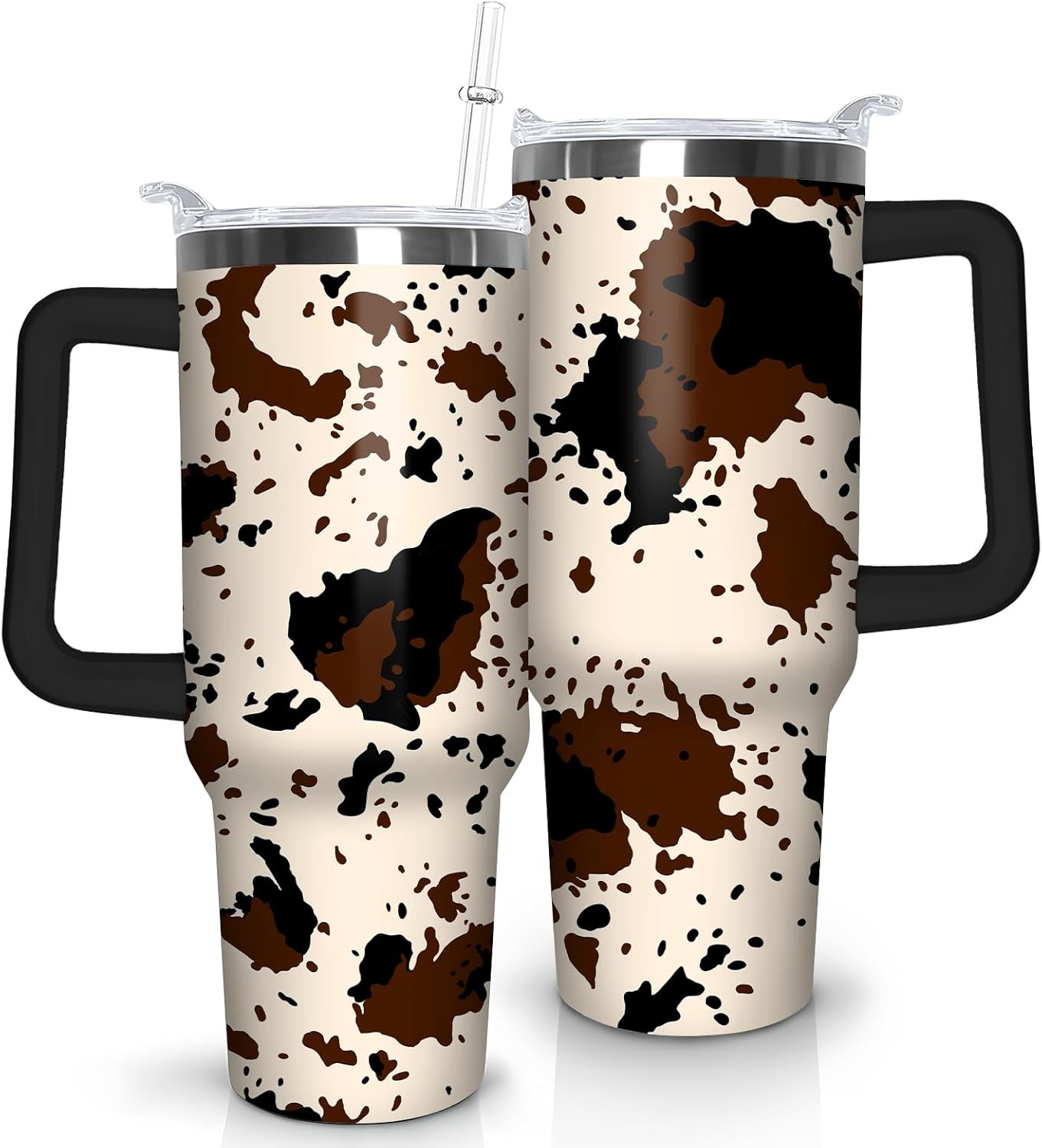 Cow Print Tumbler with Lid and Straw, Stainless Steel 30oz Tumbler with Handle, Brown Cow Print Travel Coffee Mug Water Bottle, Cow Gift Cups for Women and Girls