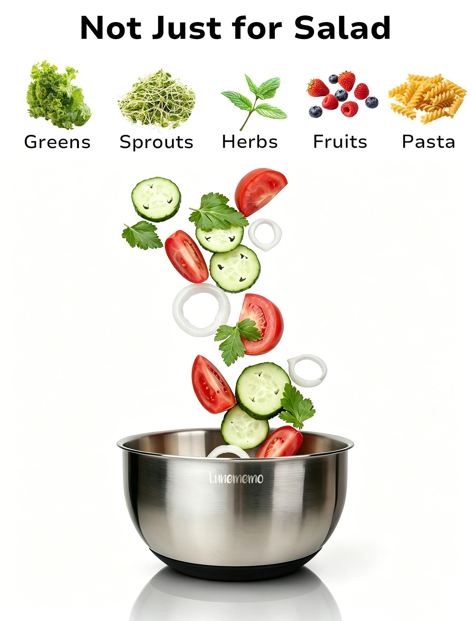 Lunememo Centrifugador de ensalada de acero inoxidable, giratorio de lechuga con drenaje, base antideslizante, botón de parada, secadora de verduras, sin BPA, 5.3 cuartos de galón, color negro