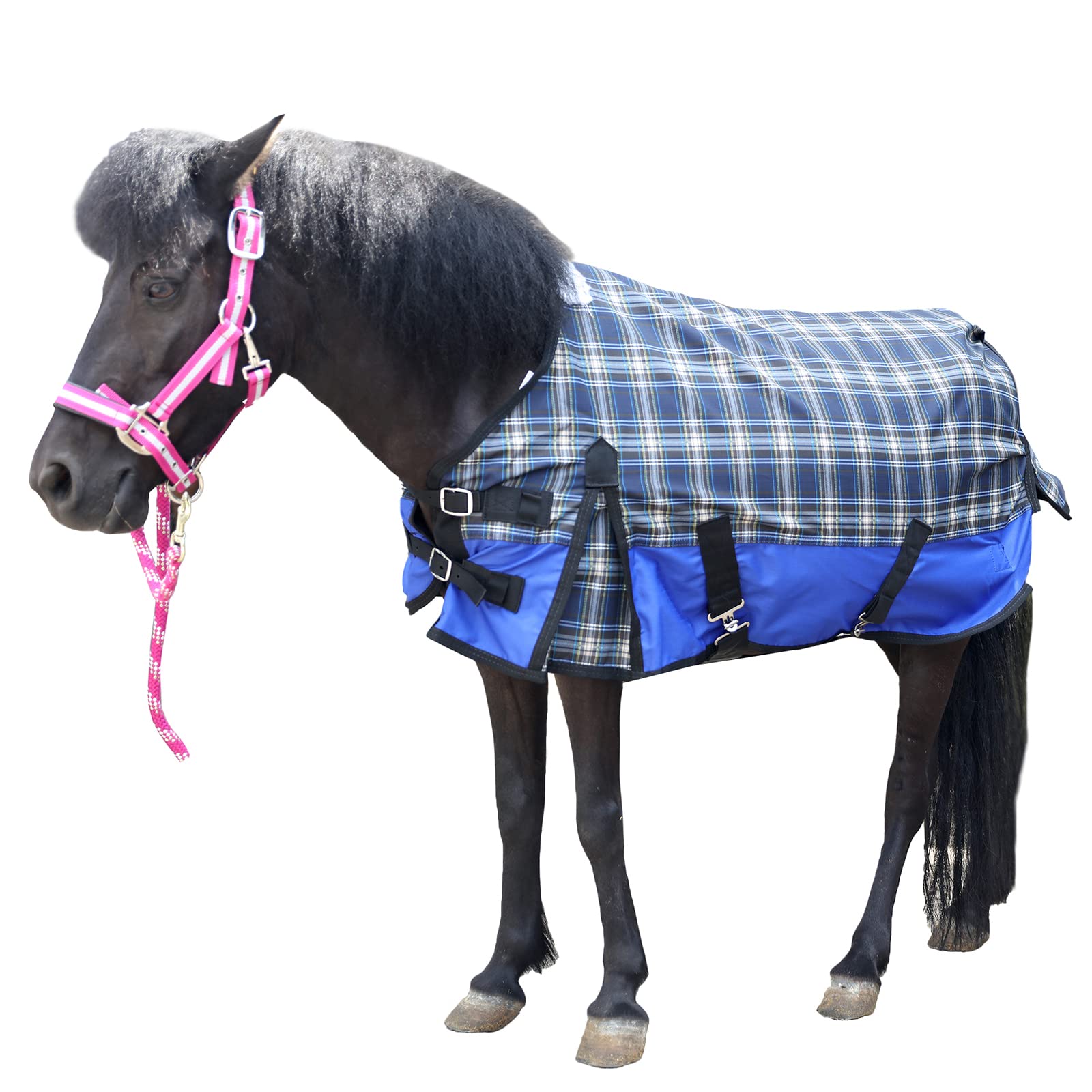 600D Ripstop - Mini sábana para caballo (impermeable, transpirable, sin relleno), color azul a cuadros 39