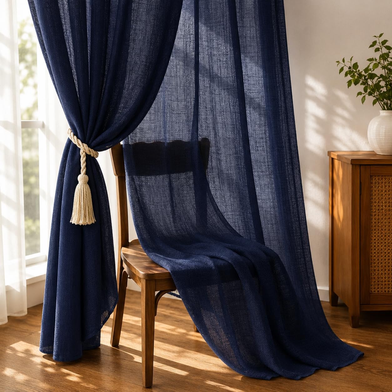 THE LINEN COMPANY Cotton Sheer Rod Pocket Curtains with Side Border Pompom Sheer Curtain for Door Linen Textured, Light Filtering, Pack of 2 (Dark Blue, 7 Feet)