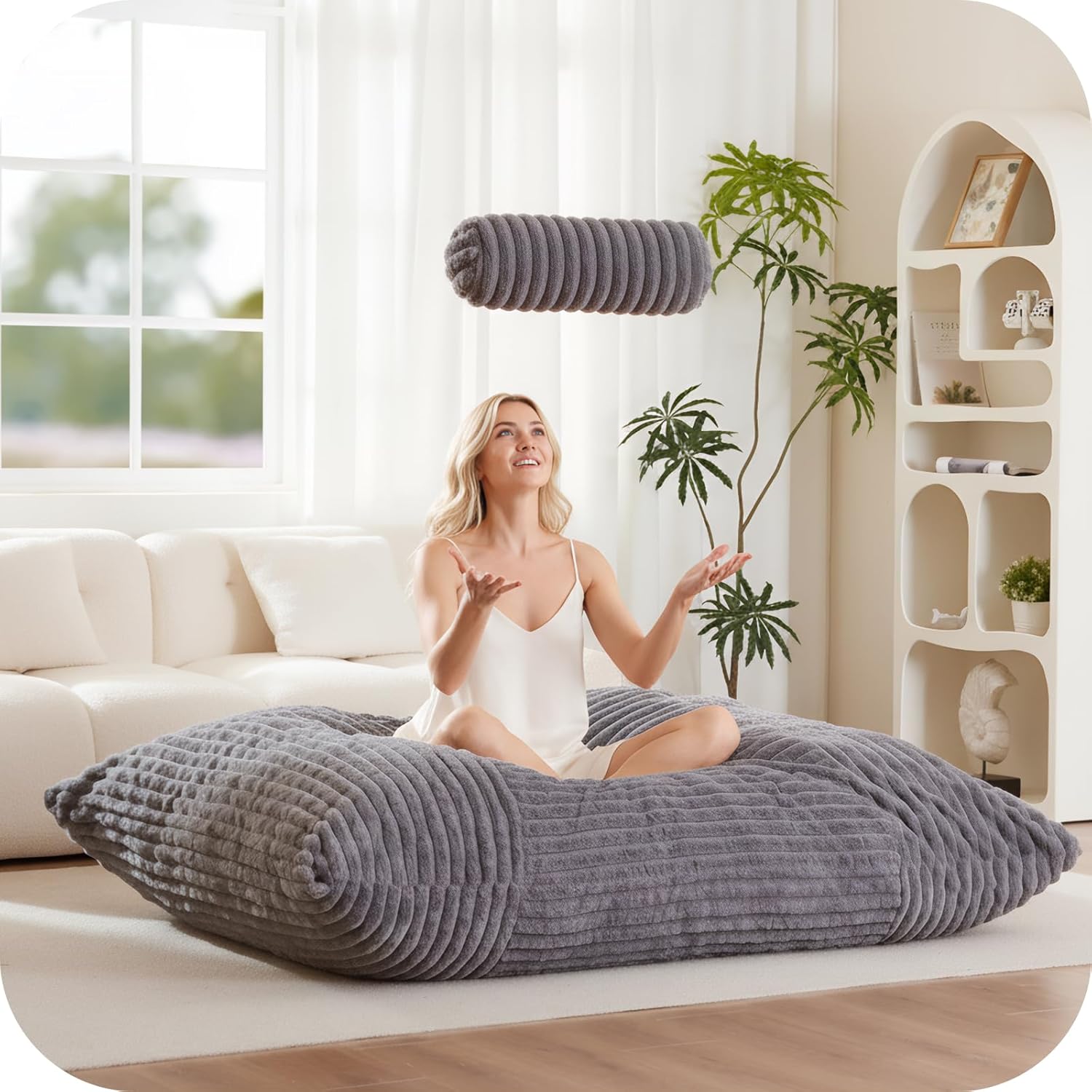 5 in 1 Bean Bag Chair with A Roll Pillow,Giant Bean Bag Chairs for Adults,Ultra Soft & Machine Washable Cover,Convertible Sofa Bed Floor Couch Lounger for Living Room,Bedroom - Image 7