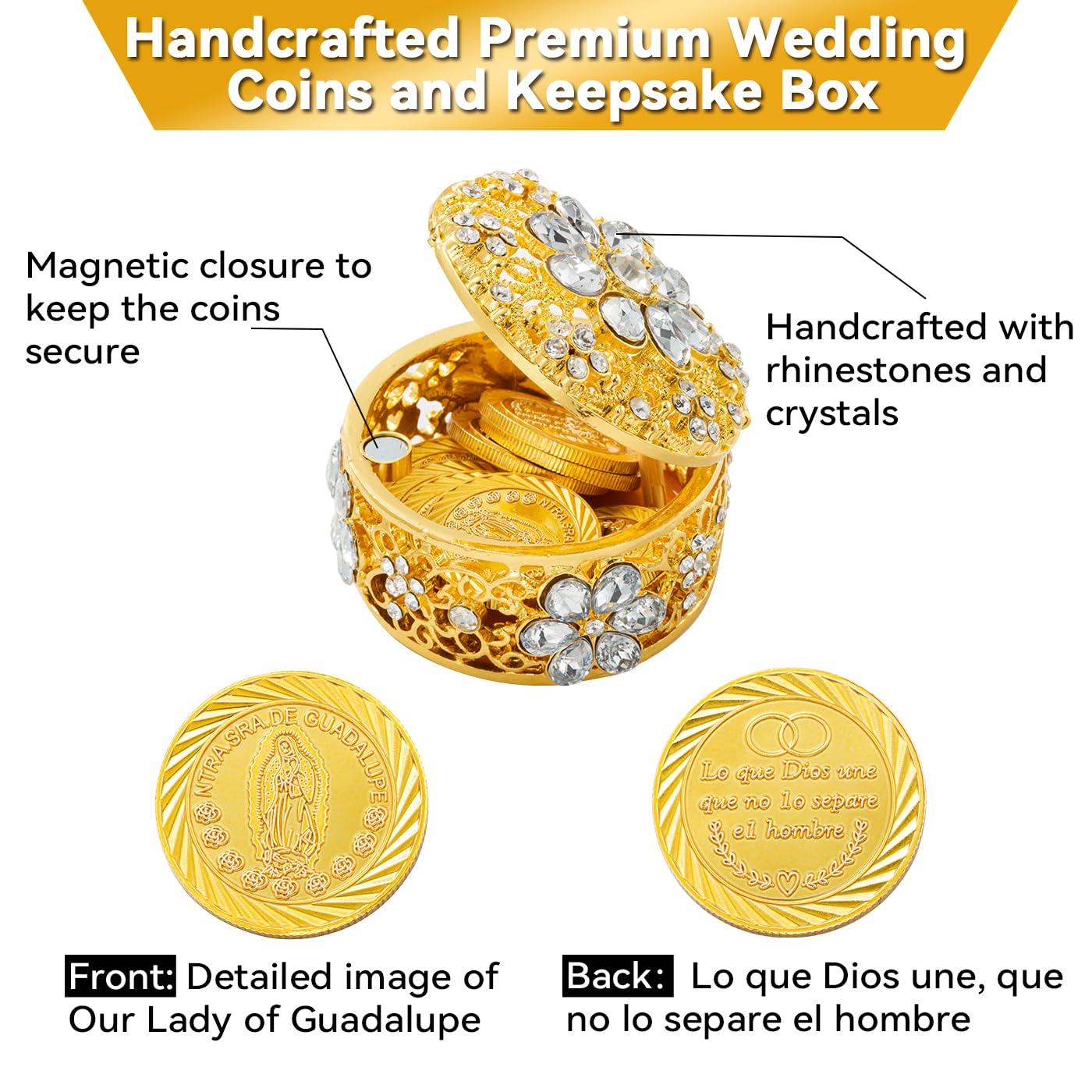 Arras Para Boda Catolica con scatola regalo Virgen De Guadalupe, Arras De Boda Cristiana, Arras De Boda Catolica, scatola per monete da matrimonio cattoliche Arras, set di monete per matrimonio