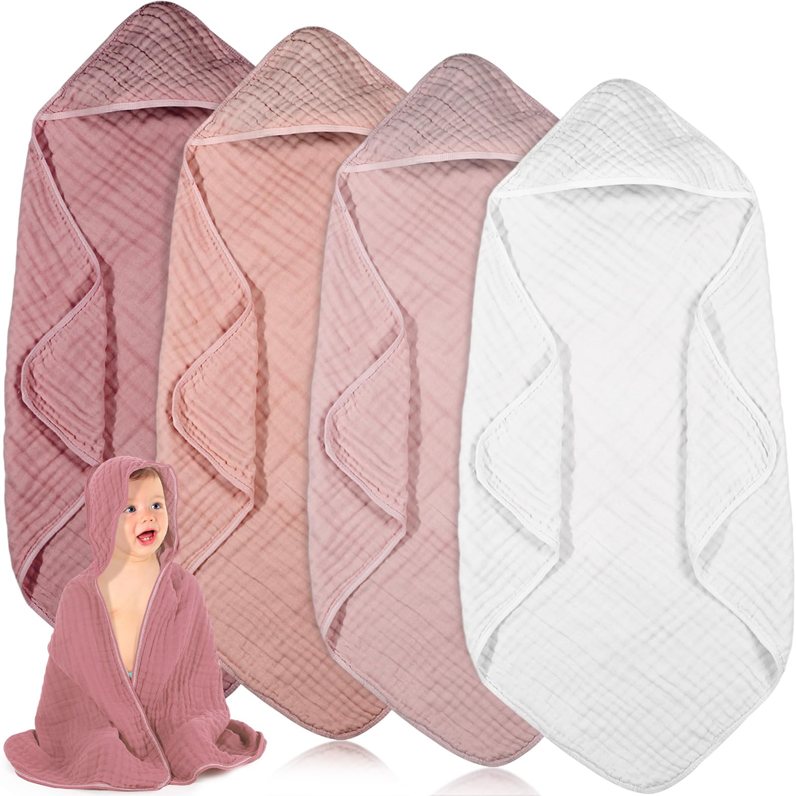 Peryiter 4 Pcs Muslin Hooded Baby Towels 32x32inch Cotton Newborn Bath Essentials Muslin Infant Blankets Absorbent Registry Baby Shower Present for