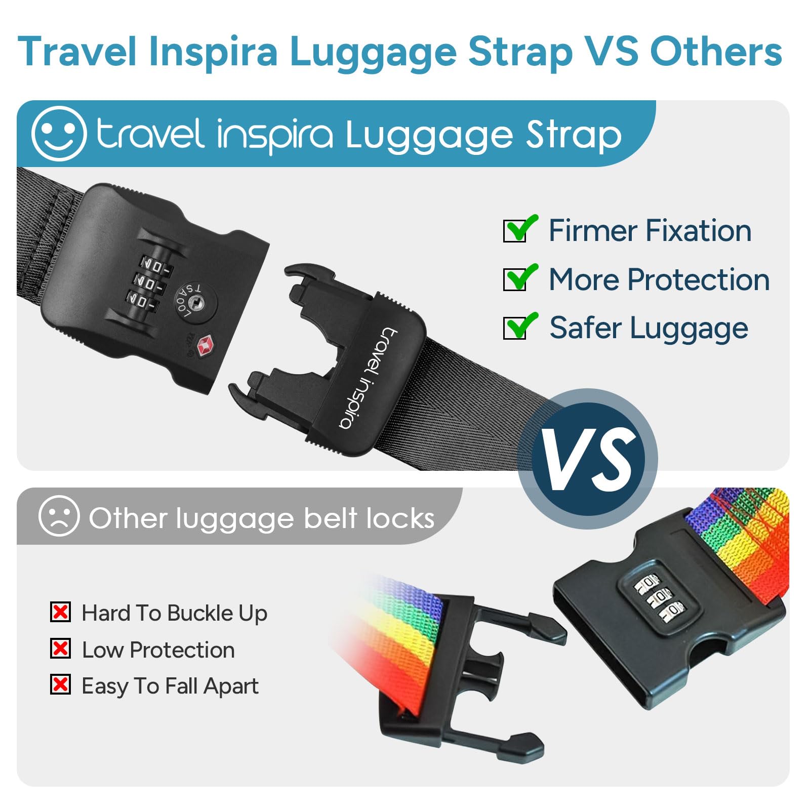 Travel Inspira Cintura antifurto per valigie con serratura TSA | Nylon resistente; serratura approvata TSA con etichetta; regolabile 103-200 cm; cinturino nero sicuro; borse da 20-28 pollici