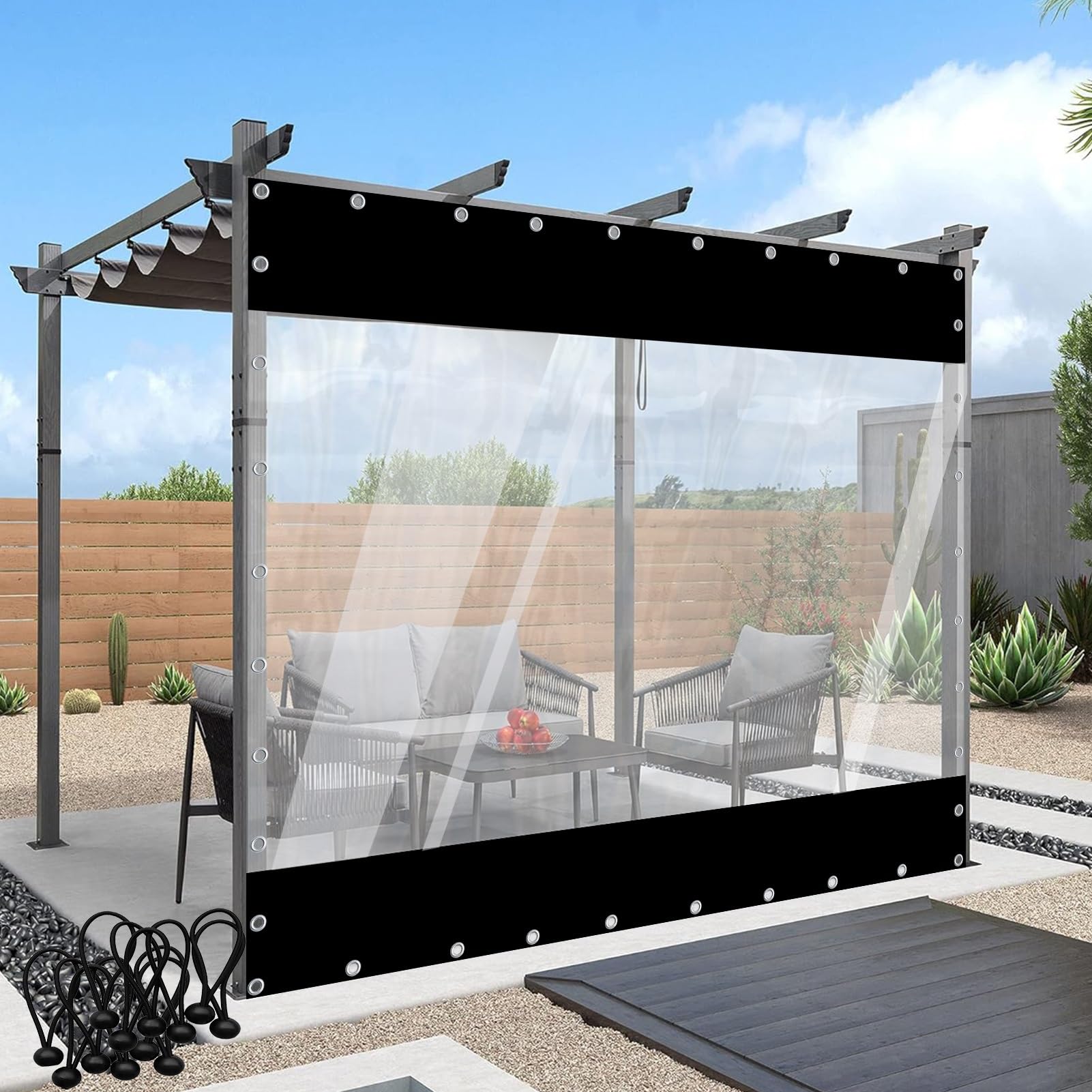 GJMSSMY Waterproof Clear Tarp Curtains - Outdoor Transparent Tarpaulin Side Panels with Eyelets for Pergola Patio Porch Gazebo - Black 1.5x2.5m/4.9x8.2ft