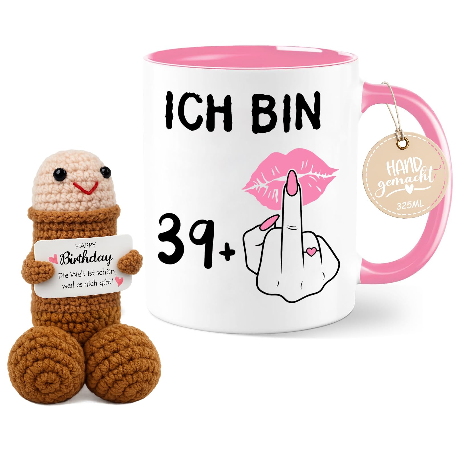 Farbeele Geschenk für Frauen, Männer & Kinder, 325ml Tasse mit Strickpuppe Glücksbringer, Geburtstag, Weihnachten, Gute Besserung, Prüfungsgeschenk, Abschiedsgeschenk