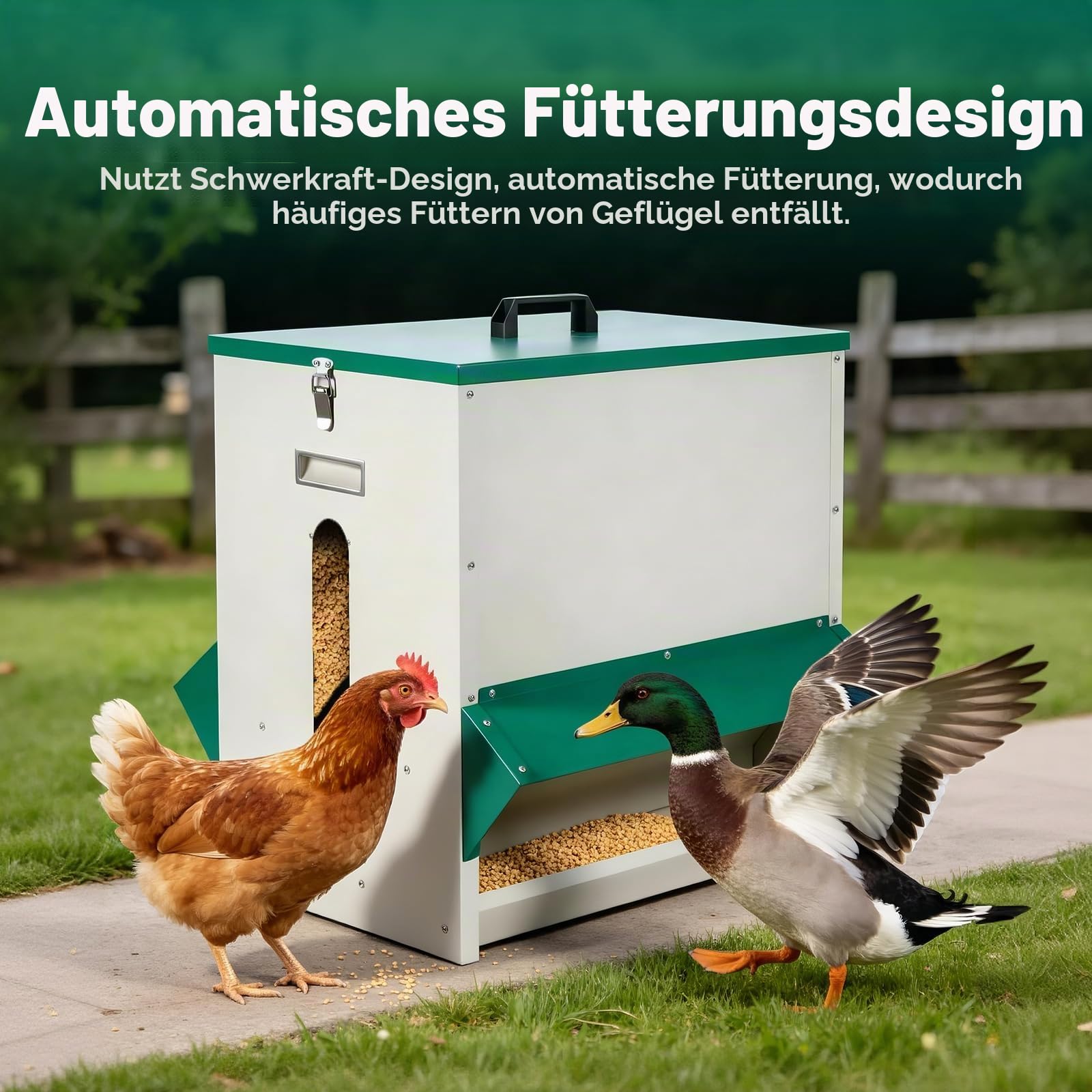 22kg Automatischer Futterautomat HüHner Futtertrog, HüHnerfutter Automat Metall GeflüGelfüTterer, Futterspender mit Deckel SchwerkraftfüTterer füR HüHner Enten GeflüGel GäNse(DunkelgrüN)
