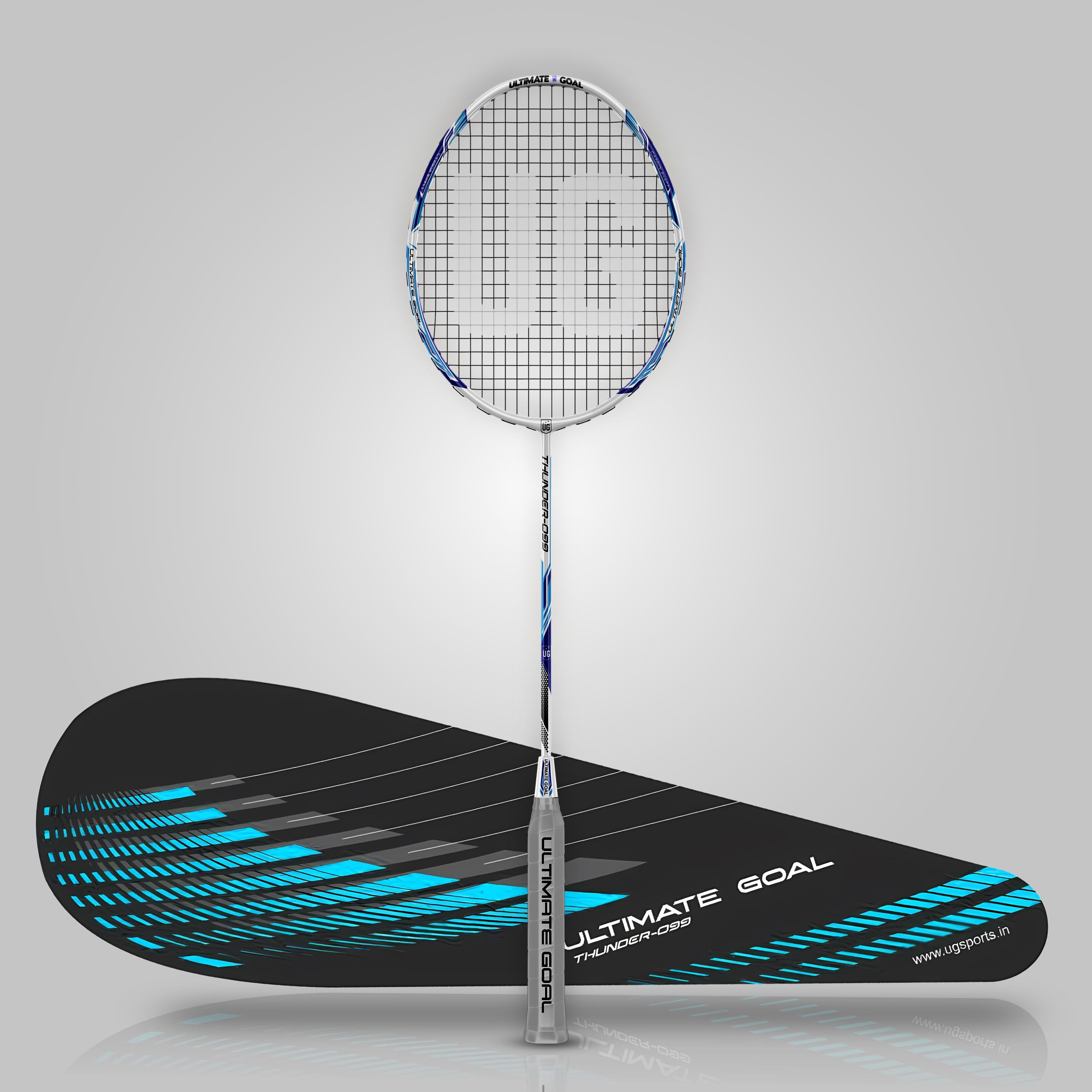 UG Sports Thunder 99 Aluminium Graphite Strung Single Badminton Racket with Full Cover (White&Blue)|for Men, Women, Youth |Light Weight 85 Grams |Soft Grip Size 8 Inch|Maximum String Tension -30 lbs-picture-17
