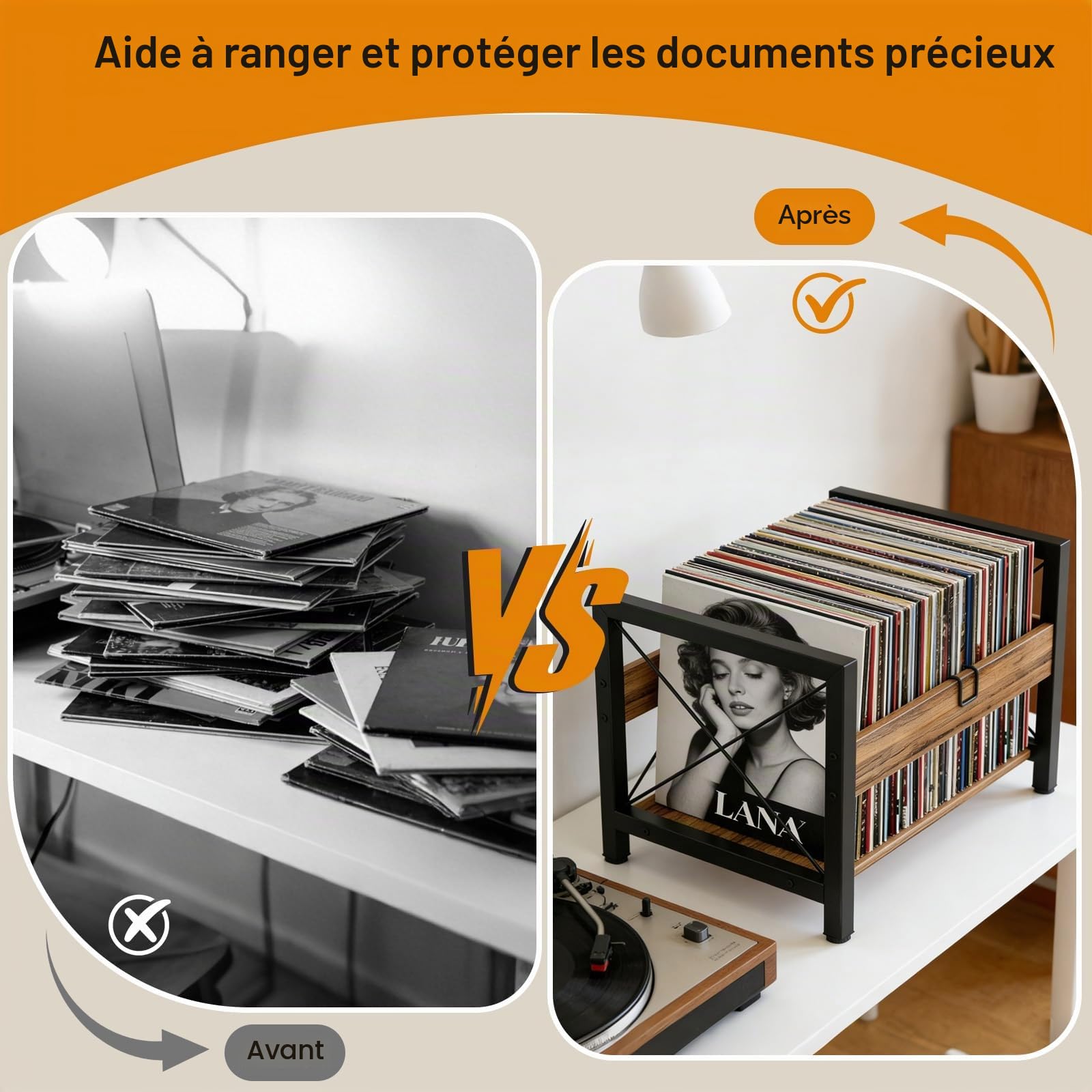 Support Pour Disques Vinyles, 44 x 37 x 26,8 cm | Avec Pince De Séparation Antidérapante, Organiseur Pour CD, Albums, Magazines Et Livres