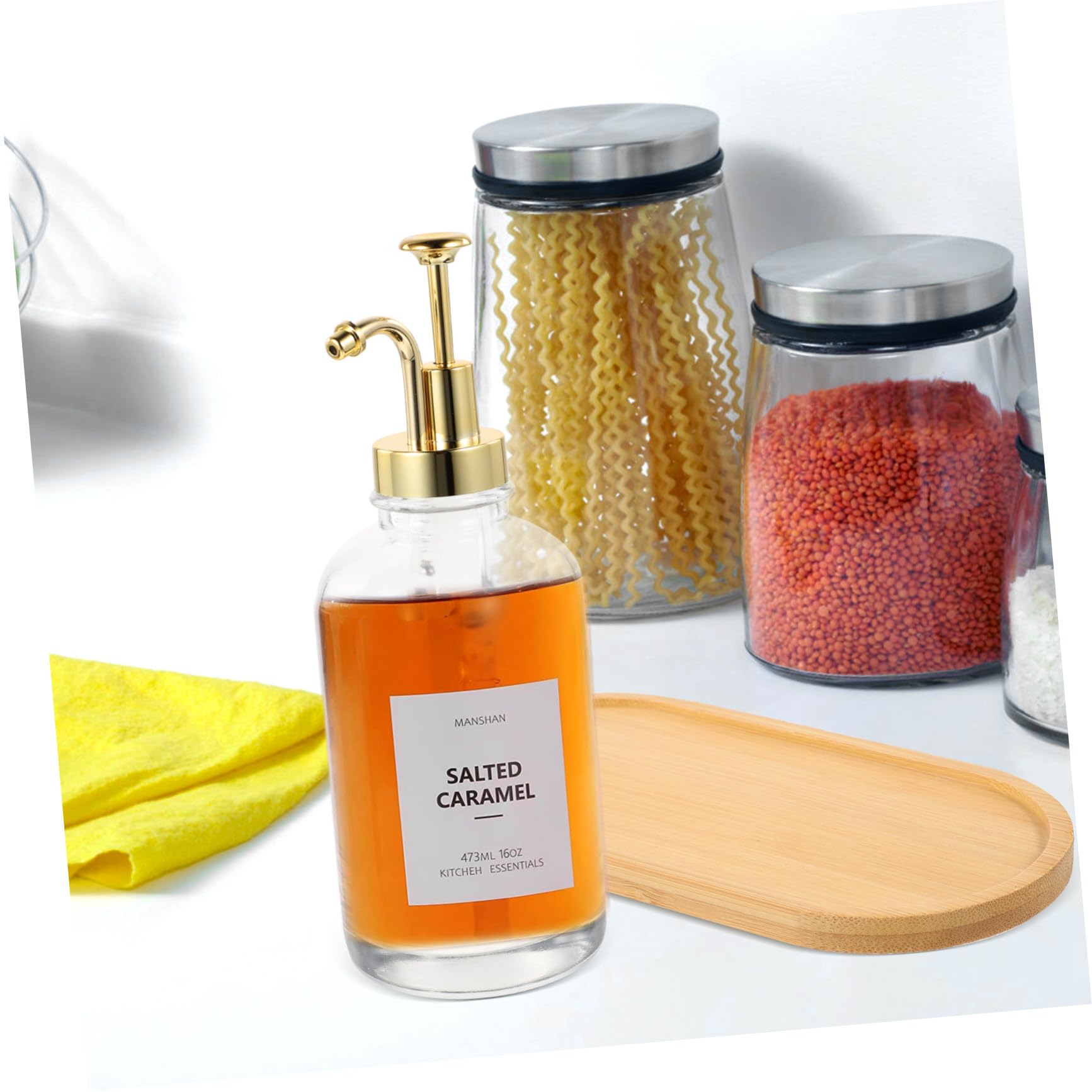 Dispenser Sciroppo in Vetro con Pompa con Etichette e Vassoio Trasparente per Sciroppo Lozione e Bevande Protezione da Impurità Design Compatto e Decorativo per