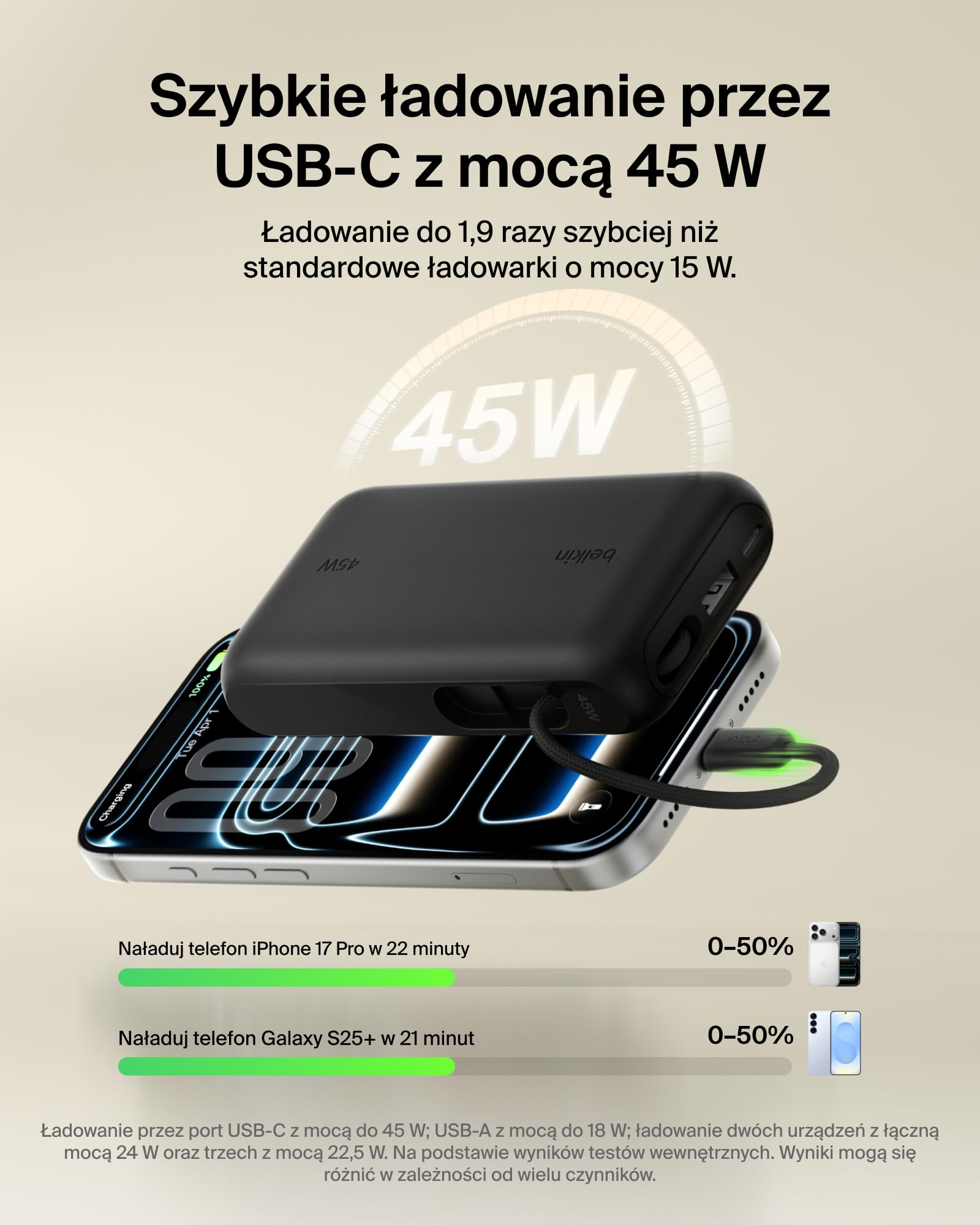 Belkin UltraCharge Powerbank 10 000 mAh, Kabel USB-C, Wyświetlacz – Czarny