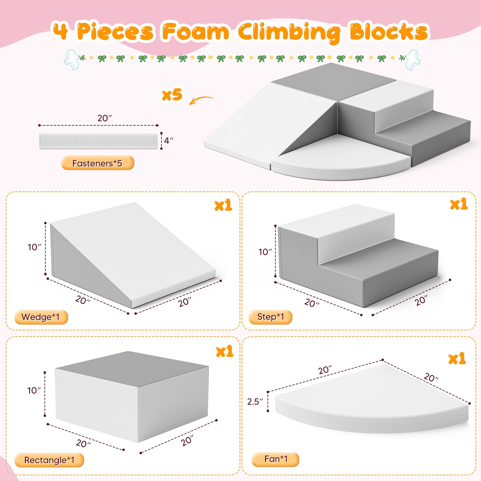 Bloques de Juego de Escalada de Espuma de 4 Piezas, combinables con Cierre de, Juguete Educativo para el Desarrollo de Interiores y guarderías (Gris y Blanco)