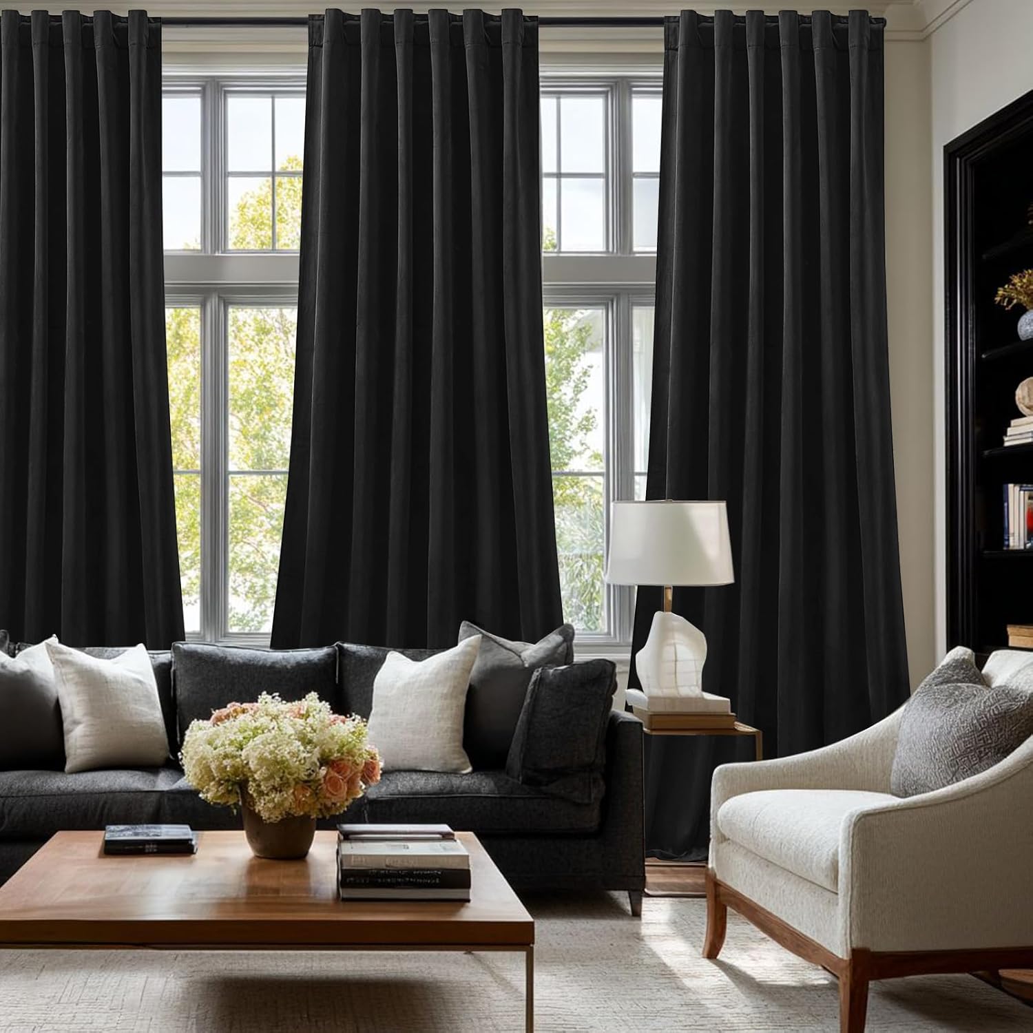 Black Velvet Blackout Curtains 84 Inches, Luxury Soundproof Thermal Insulated Super Soft Curtain Elegant Room Darkening Drapes with Back Tab Rod Pocket for Bedroom Living Room, W52 x L84, 2 Panels