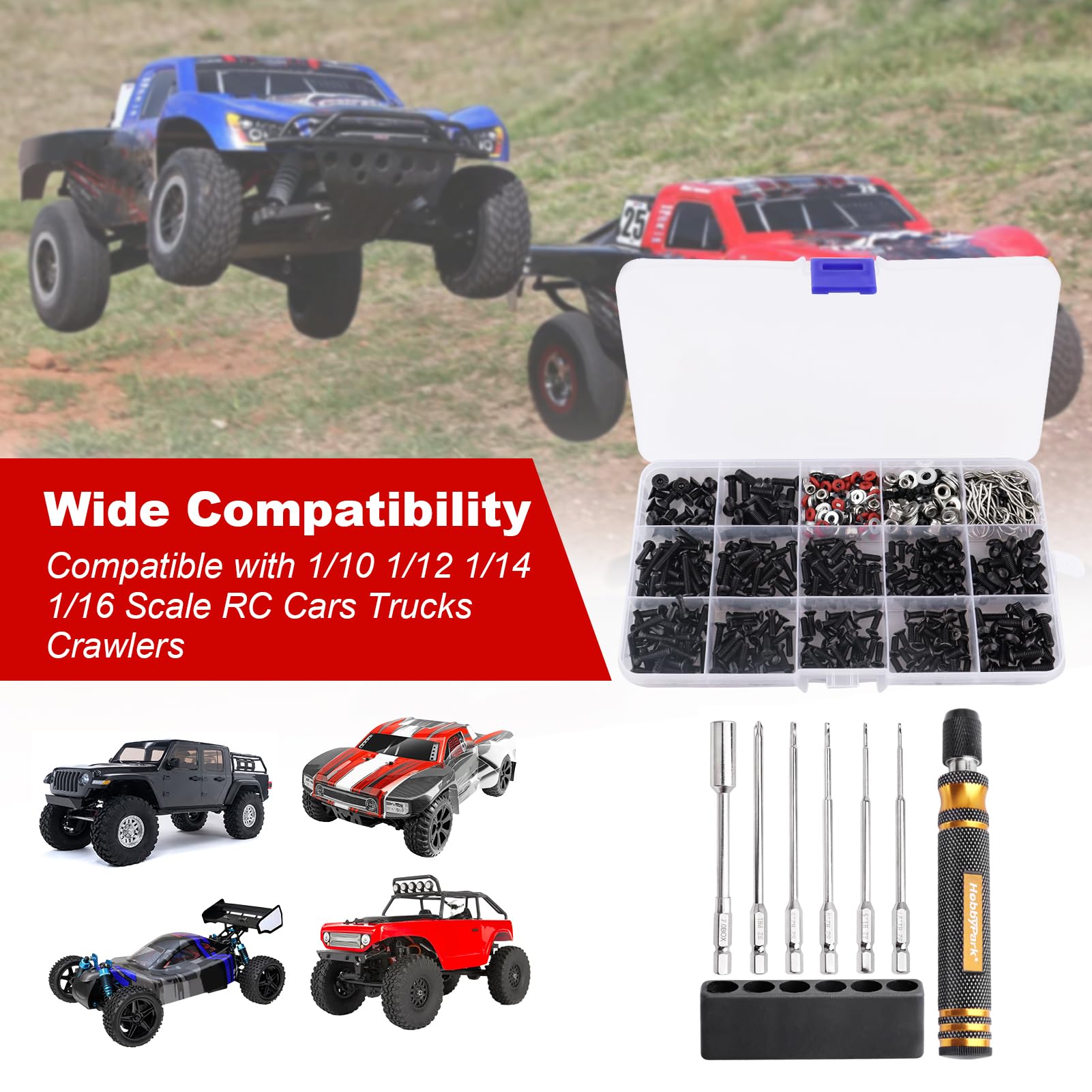 HobbyPark Kit de tornillos RC para coche, 530 piezas y herramientas, juego de destornilladores de 1/4 pulgadas, mango hexagonal de 1,27/1,5/2,0/2,5 mm, destornillador de tuerca hexagonal de 7 mm