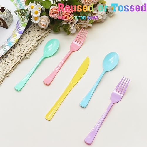 Miniatura 3 de 150 cubiertos de plástico pastel resistentes iridiscentes cubiertos desechables incluye 50 tenedores, 50 cuchillos, 50 cucharas para Pascua,