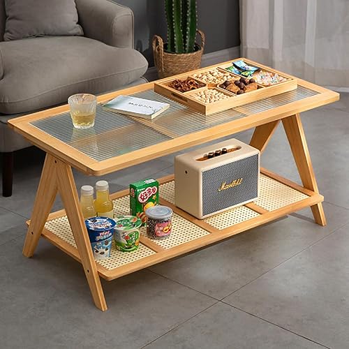 Gdrasuya10 Mesa de centro de bambú moderna de mediados de siglo, mesa auxiliar rectangular de 2 niveles, mesa auxiliar bohemia para sala de estar,