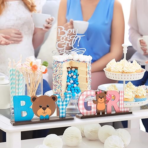 Miniatura 5 de Letrero decorativo de madera de oso de peluche, decoración de revelación de género para niños y niñas, 2 centros de mesa azul/rosa para él/ella,