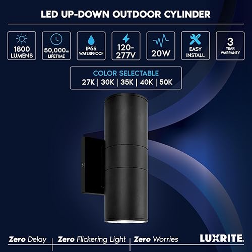 Miniatura 7 de LUXRITE Lámpara de pared LED cilíndrica moderna para exteriores, 5CCT seleccionable 2700K-5000K, aplique de pared impermeable para exteriores, 20W,
