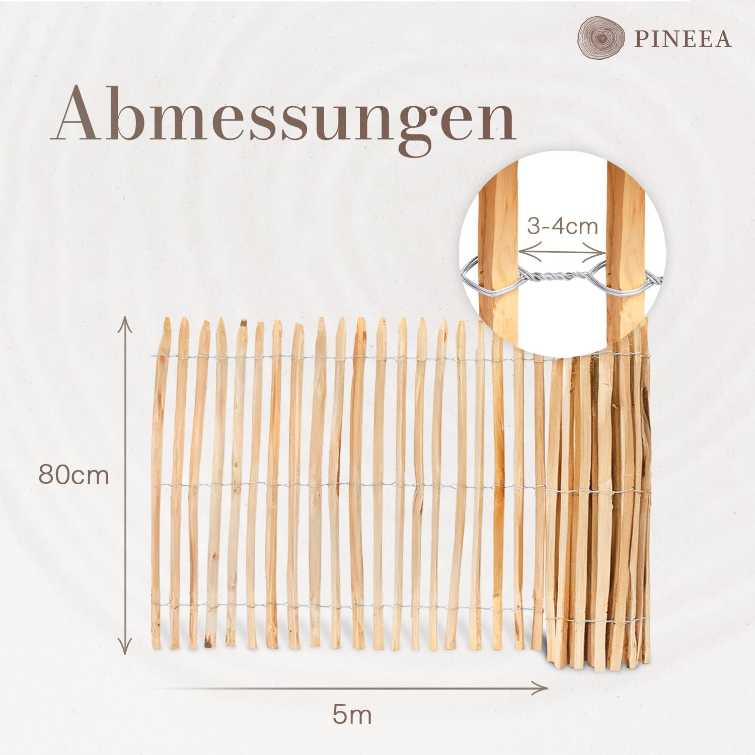 Recinzione Nocciola Lunghezza 5 m - Spazio 4-5 cm - Elegante Recinzione in Paletti - Steccato a Rullo Legno - Decorazione per Giardino