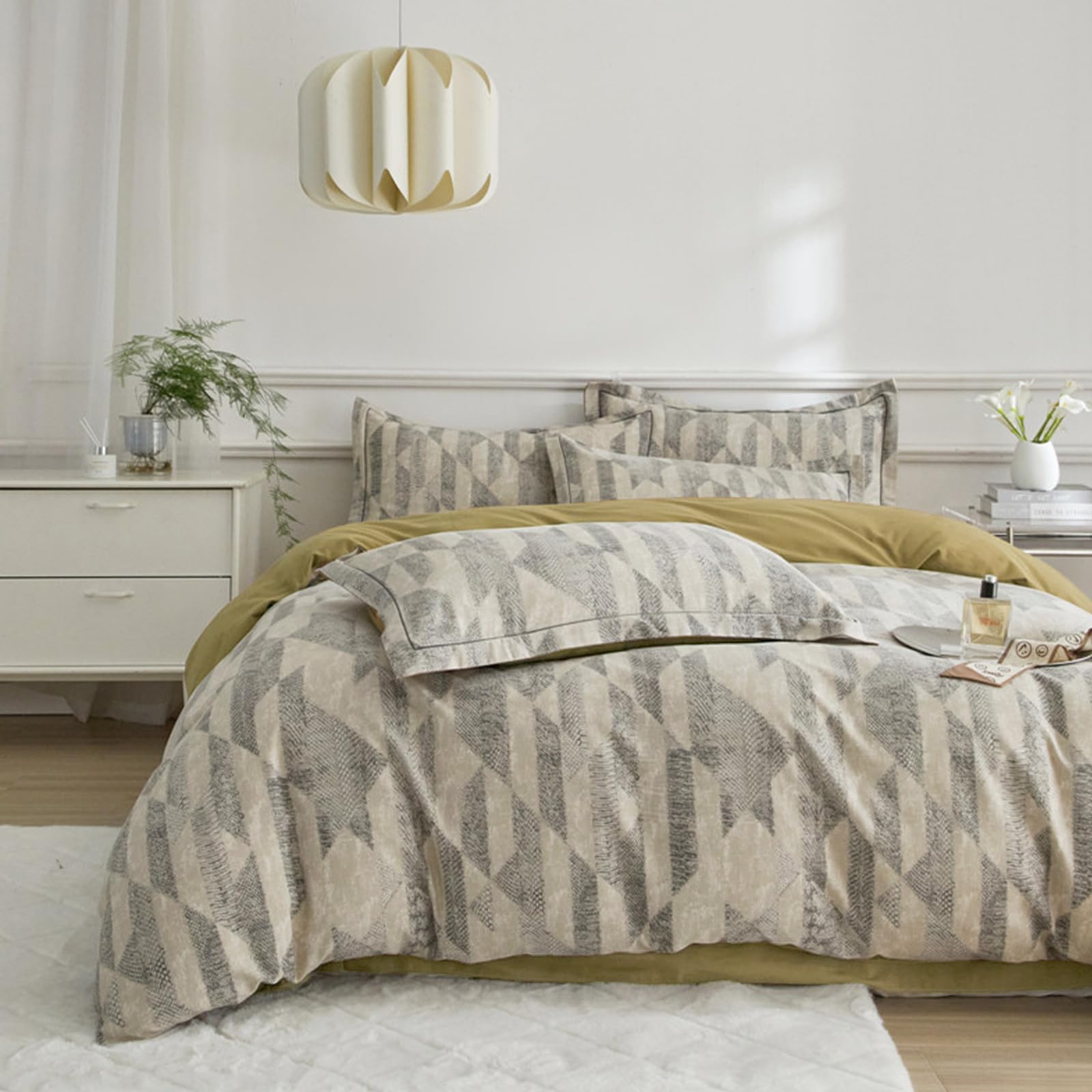 LifeTB Cotton Brushed Duvet Cover Set King Size - Modern Style Geometric Bedding - Soft Warm Comforter Cover for Adults in Gray Beige — image 1