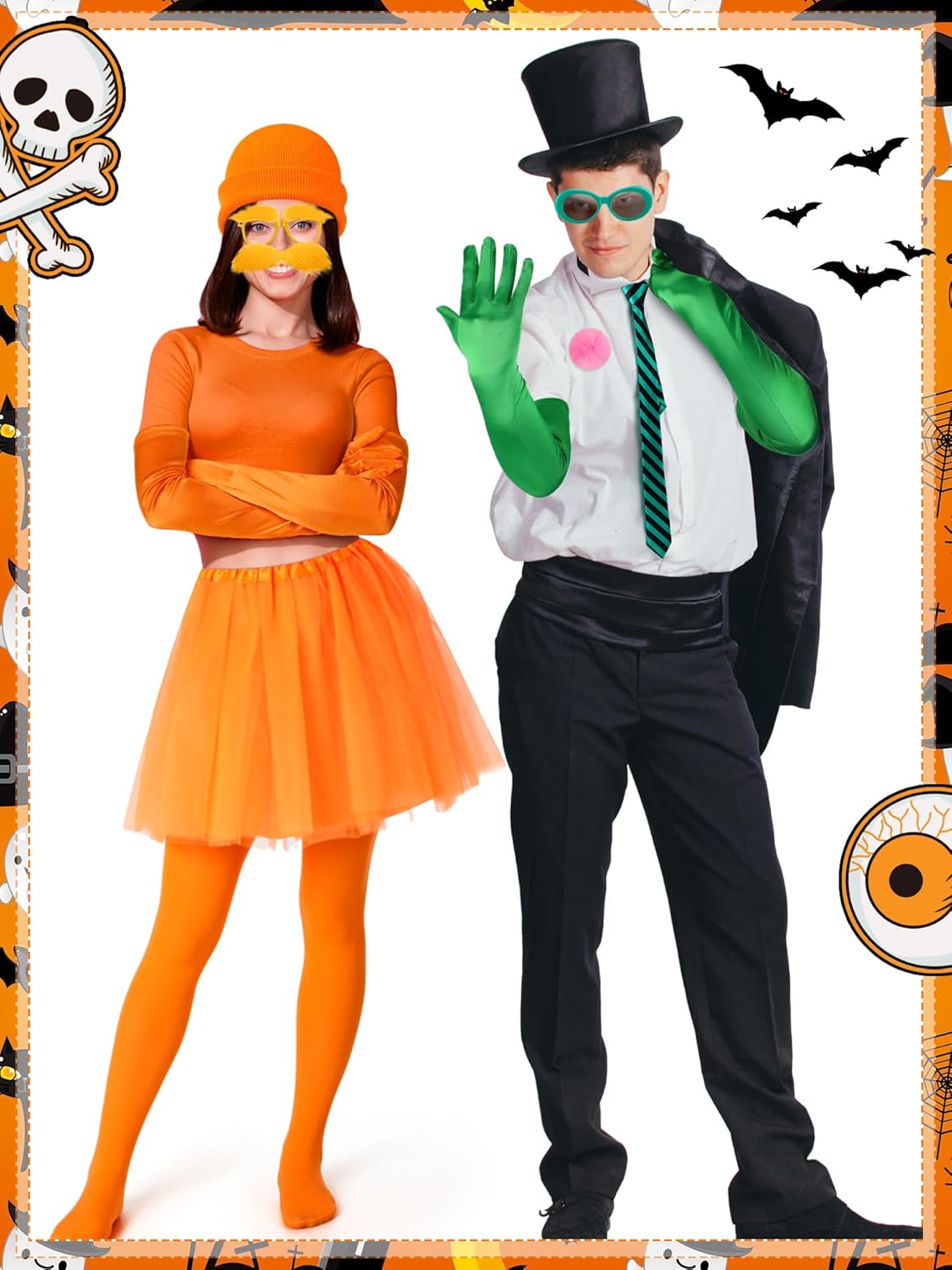 10 Pcs Halloween Orange Costume Accessories Included Orange Beanie Cap Black Hat Yellow Glasses Mustache Eyebrows Tie Green Sunglasses Pom Balls Pin for Mustache Book Character Cosplay - Image 4