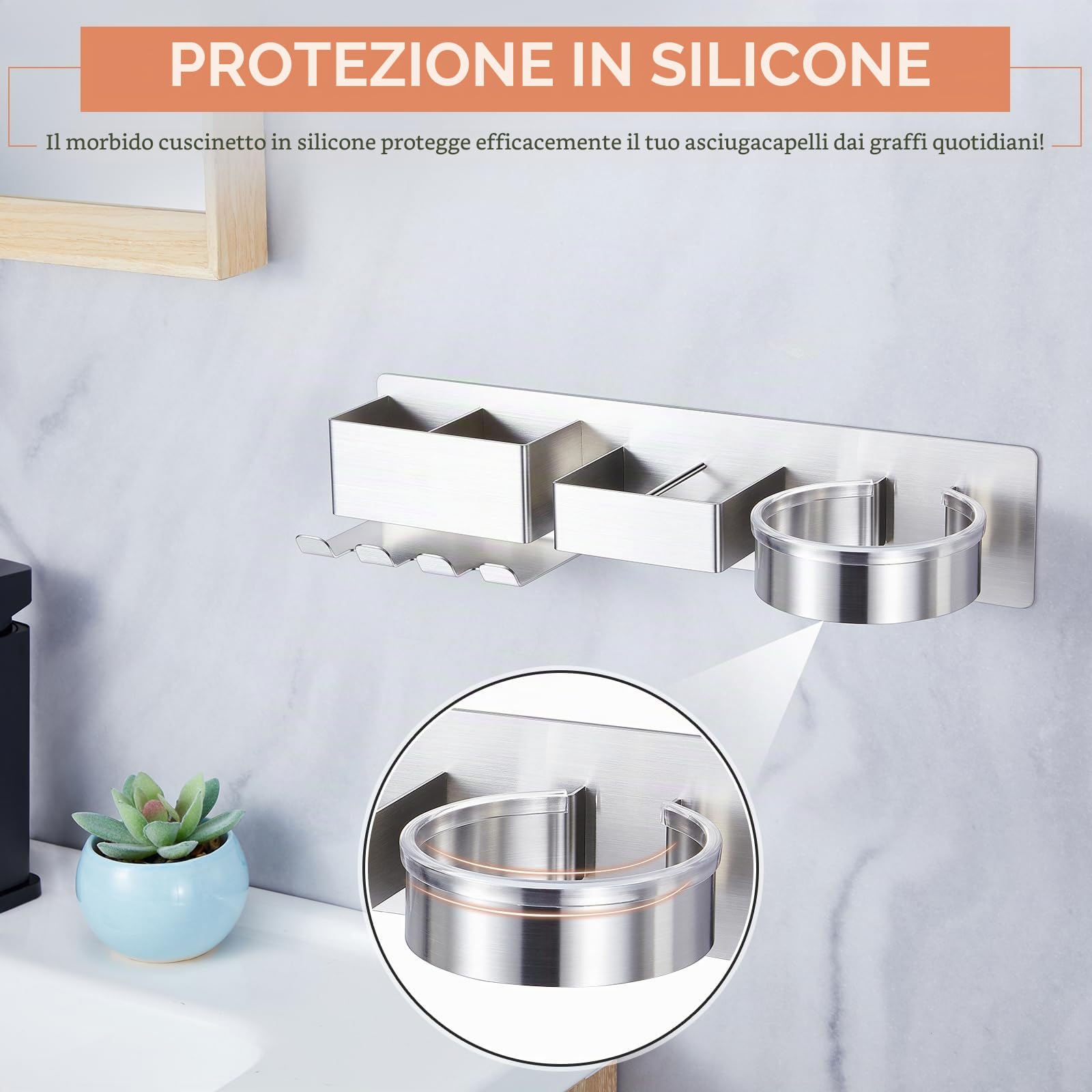 Porta phon e piastra, Porta phon da muro, Porta piastra per capelli, Porta asciugacapelli con 2 Scomparti E Supporto per Cavo, in acciaio inox Porta Phone Bagno da Muro, Supporto per asciugacapelli