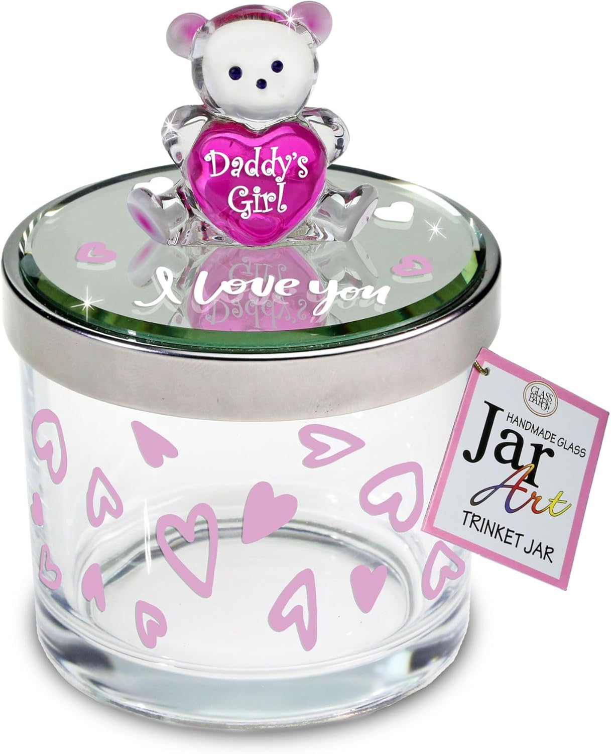 Glass Baron Trinket Jar, Daddy’s Girl Teddy Bear – Cute Decorative Trinket Jar with Beveled Lid, Airbrushed Bear Figure with Heart, Gift for Daughter, 4 inches Tall x 3 inches Across