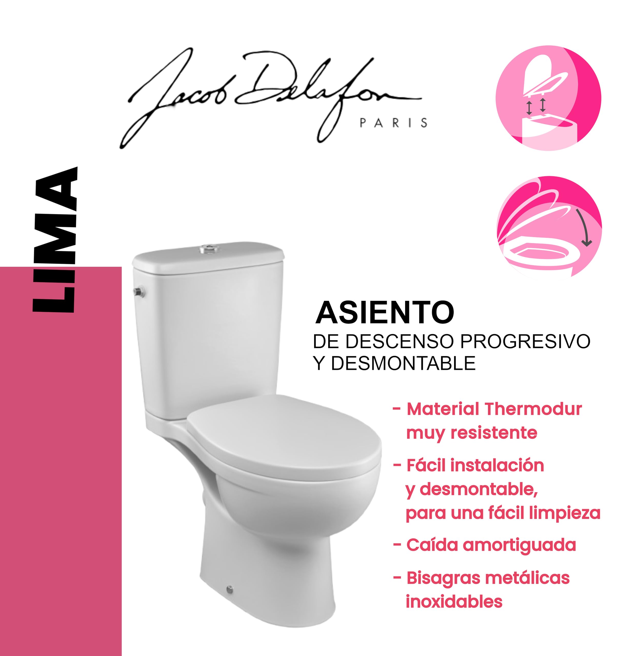 JACOB DELAFON WC Inodoro completo a suelo Salida vertical Alimentación lateral Sistema rimless Asiento amortiguado Doble descarga 2,6/4 l LIMA E40028-00