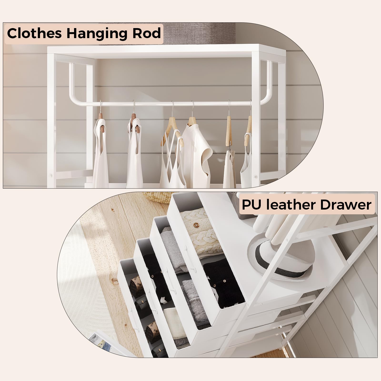 VOWNER Appendiabiti da Terra, Mobile Ingresso con Panca, 4 in 1, Attaccapanni con Barra e 4 Cassetti, Stand Appendiabiti in Struttura in Metallo, per Camera da Letto, 60 x 180 x 40 cm, Bianco