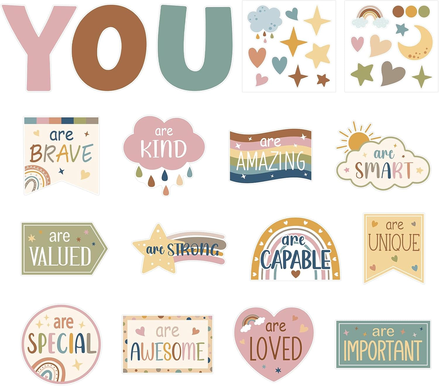 COCHIE Motivational Inspirational Bulletin Board Decorations Set, 37PCS Positive Saying Classroom Must Have, Affirmation Station Paper Cutout Classroom Decor Posters for Wall Door Window (Boho)