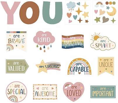COCHIE Motivational Inspirational Bulletin Board Decorations Set, 37PCS Positive Saying Classroom Must Have, Affirmation Station Paper Cutout Classroom Decor Posters for Wall Door Window Boho