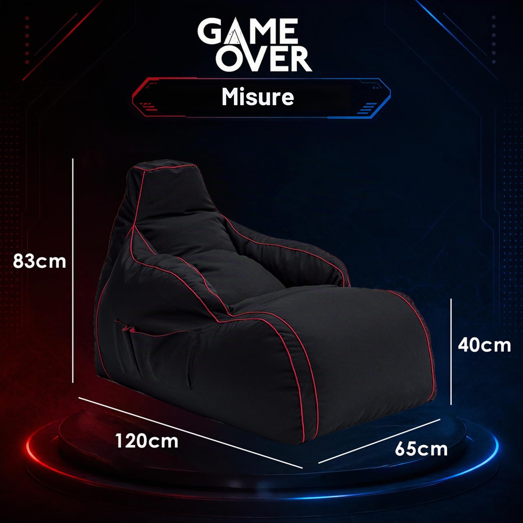 Game Over Bean Bag Chaise Longue per Video Gaming | Puff Poltrona Sacco | Per Soggiorno e Interni | Tasche Laterali per Controller | Supporto per Cuffie | Design Ergonomico (Cremisi elettrico)
