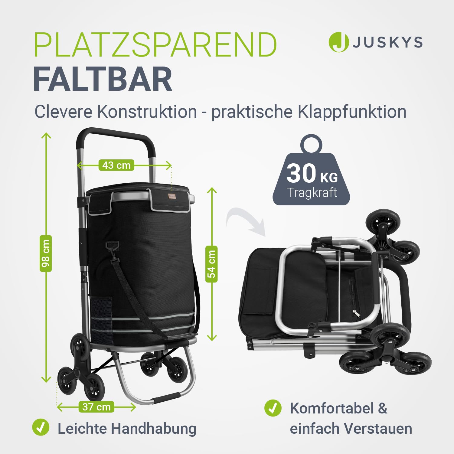 Juskys 3in1 Einkaufstrolley für Treppen - 56 L, modern & klappbar - Treppensteiger Trolley zum Shopping - Sackkarre & Tasche - Trolli Schwarz